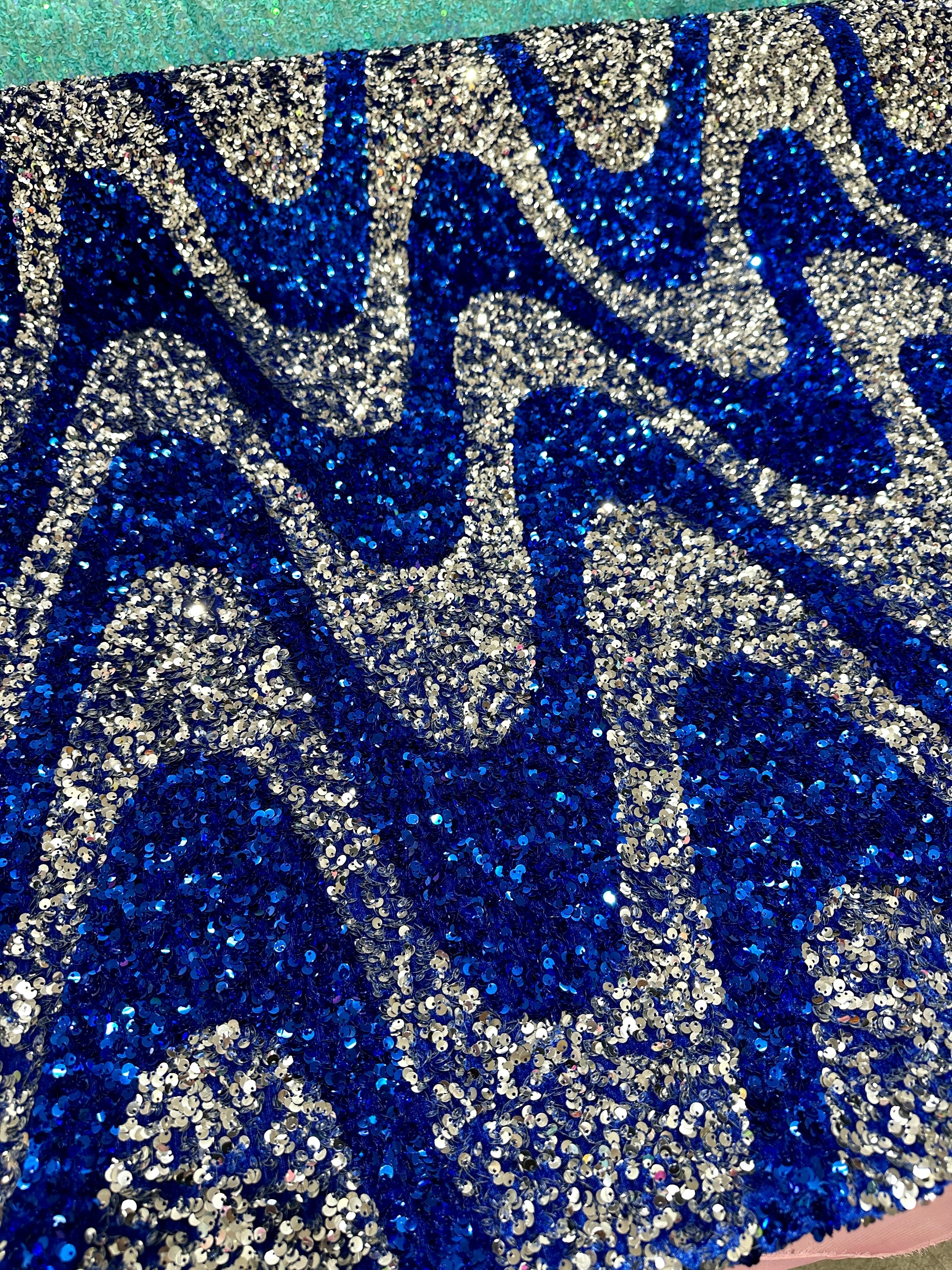 Silver Blue Embroidered Wave Design Sequins on Velvet , blue sequin on velvet, light blue sequin on velvet, dark blue sequin on velvet, sequin on velvet for woman, sequin on velvet for bride, sequin on velvet on discount, sequin on velvet on sale