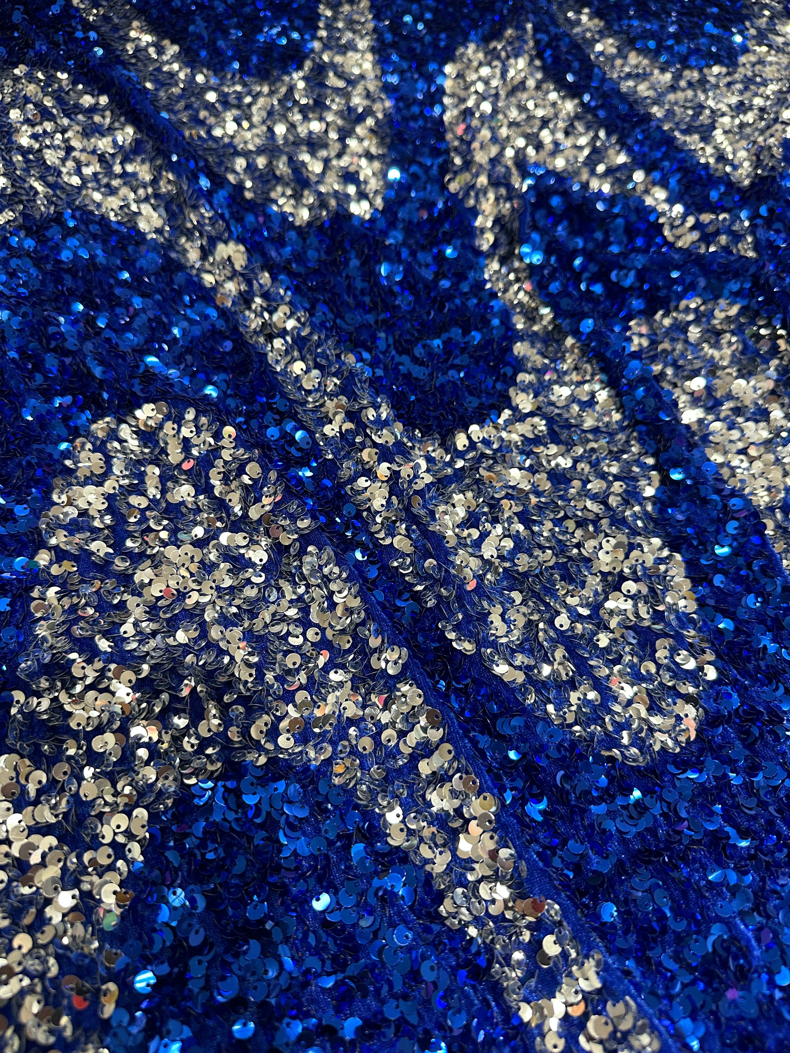 Silver Blue Embroidered Wave Design Sequins on Velvet , blue sequin on velvet, light blue sequin on velvet, dark blue sequin on velvet, sequin on velvet for woman, sequin on velvet for bride, sequin on velvet on discount, sequin on velvet on sale