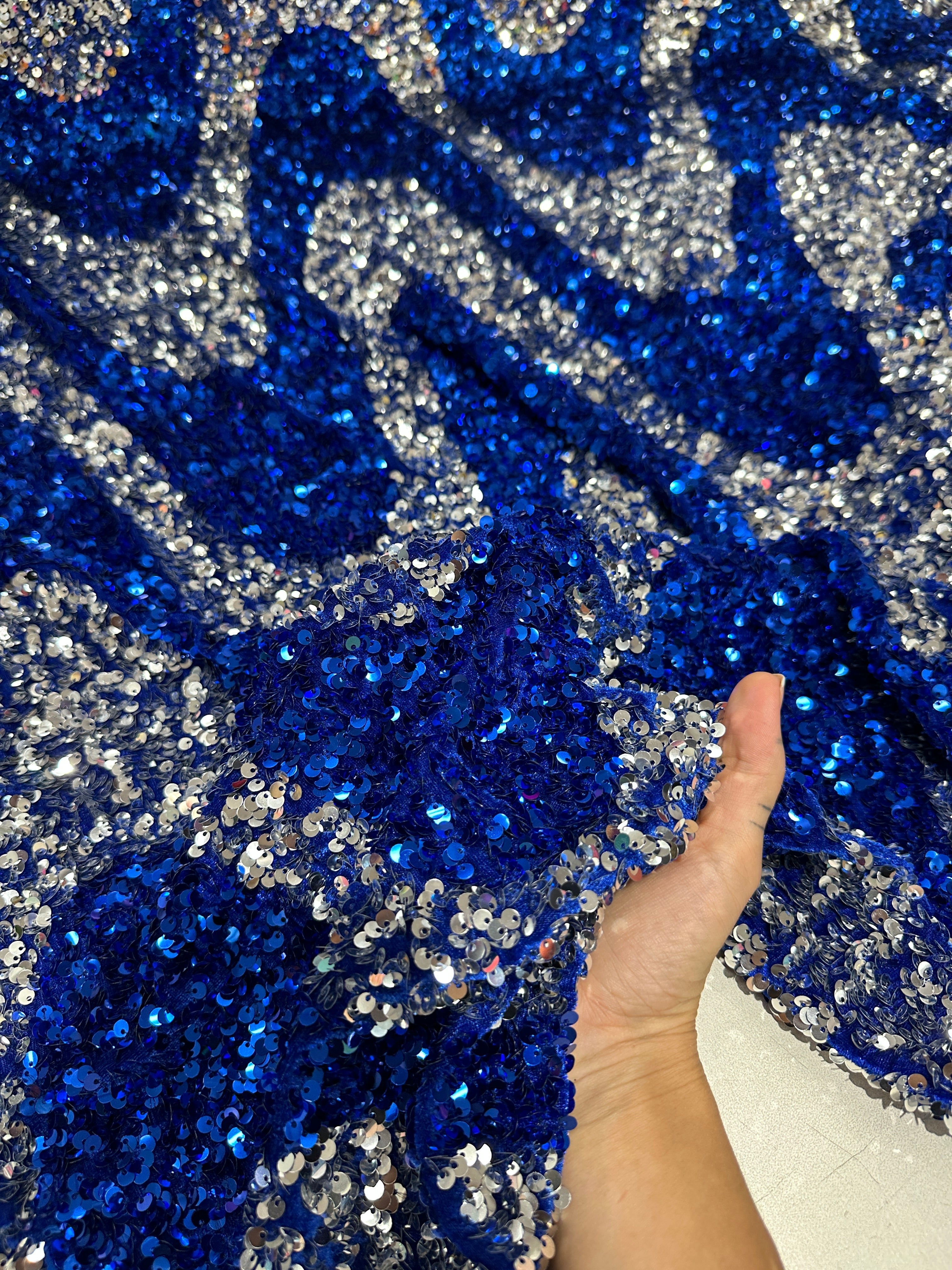 Silver Blue Embroidered Wave Design Sequins on Velvet , blue sequin on velvet, light blue sequin on velvet, dark blue sequin on velvet, sequin on velvet for woman, sequin on velvet for bride, sequin on velvet on discount, sequin on velvet on sale