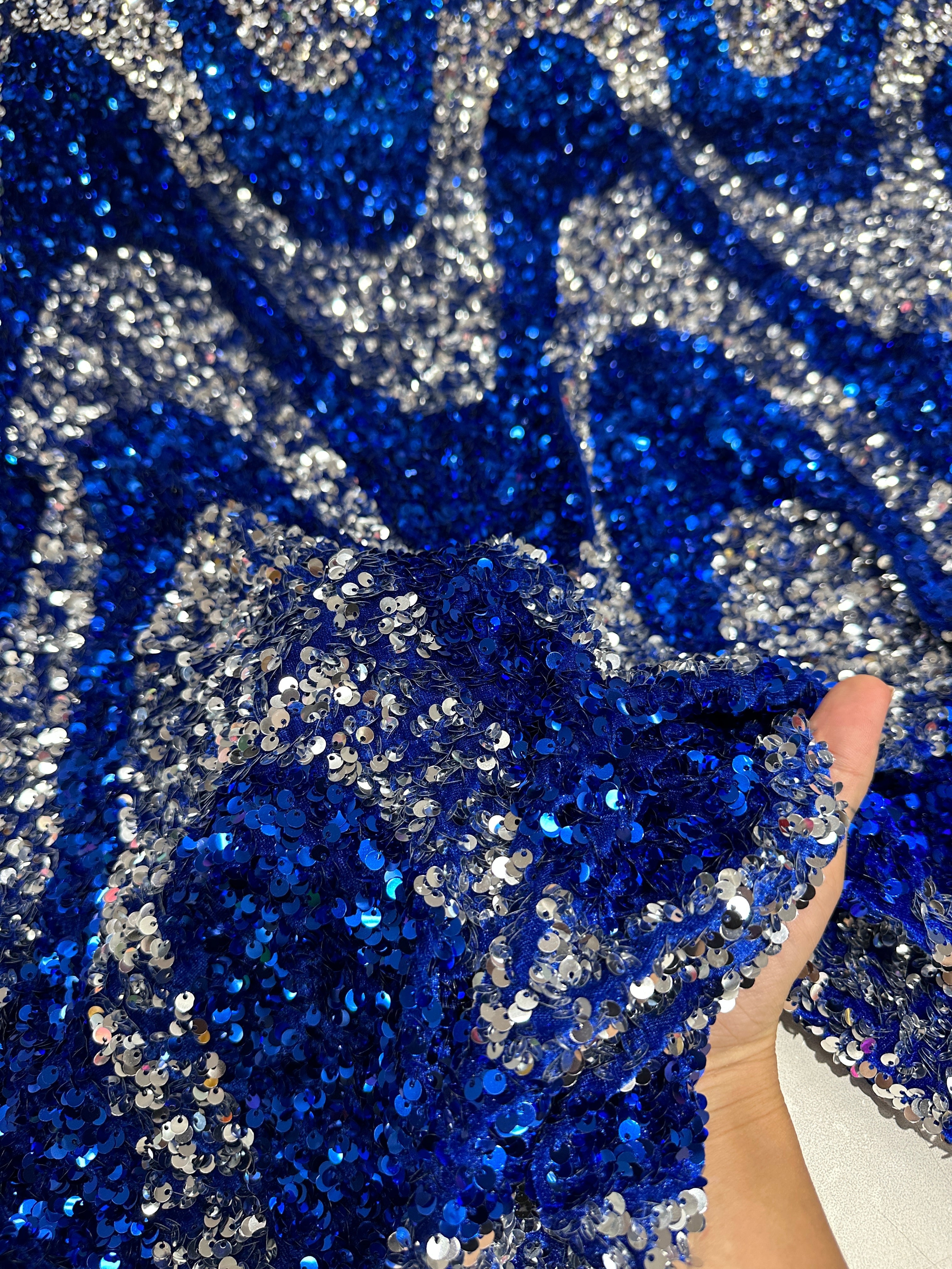 Silver Blue Embroidered Wave Design Sequins on Velvet , blue sequin on velvet, light blue sequin on velvet, dark blue sequin on velvet, sequin on velvet for woman, sequin on velvet for bride, sequin on velvet on discount, sequin on velvet on sale