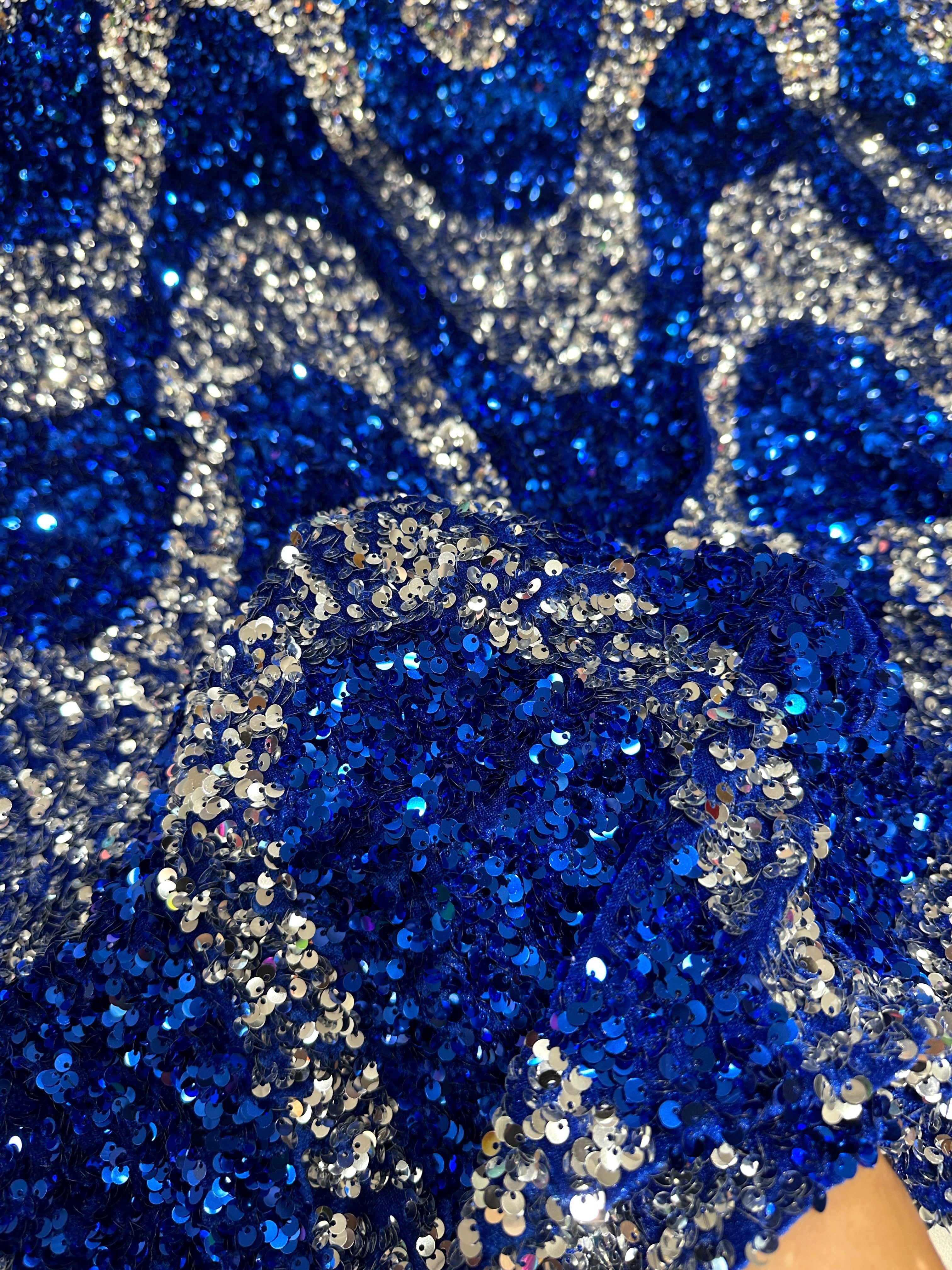 Silver Blue Embroidered Wave Design Sequins on Velvet , blue sequin on velvet, light blue sequin on velvet, dark blue sequin on velvet, sequin on velvet for woman, sequin on velvet for bride, sequin on velvet on discount, sequin on velvet on sale