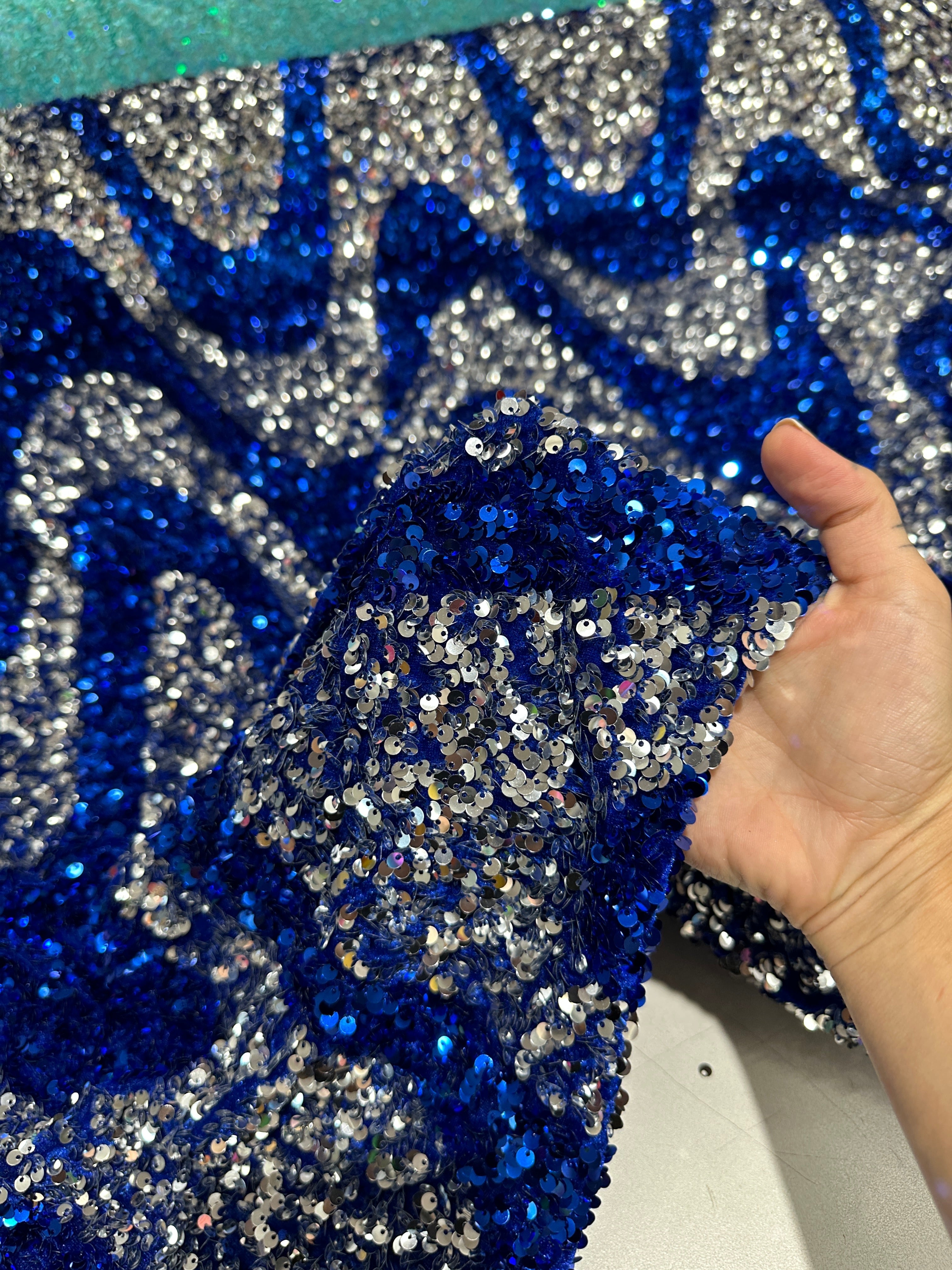 Silver Blue Embroidered Wave Design Sequins on Velvet , blue sequin on velvet, light blue sequin on velvet, dark blue sequin on velvet, sequin on velvet for woman, sequin on velvet for bride, sequin on velvet on discount, sequin on velvet on sale