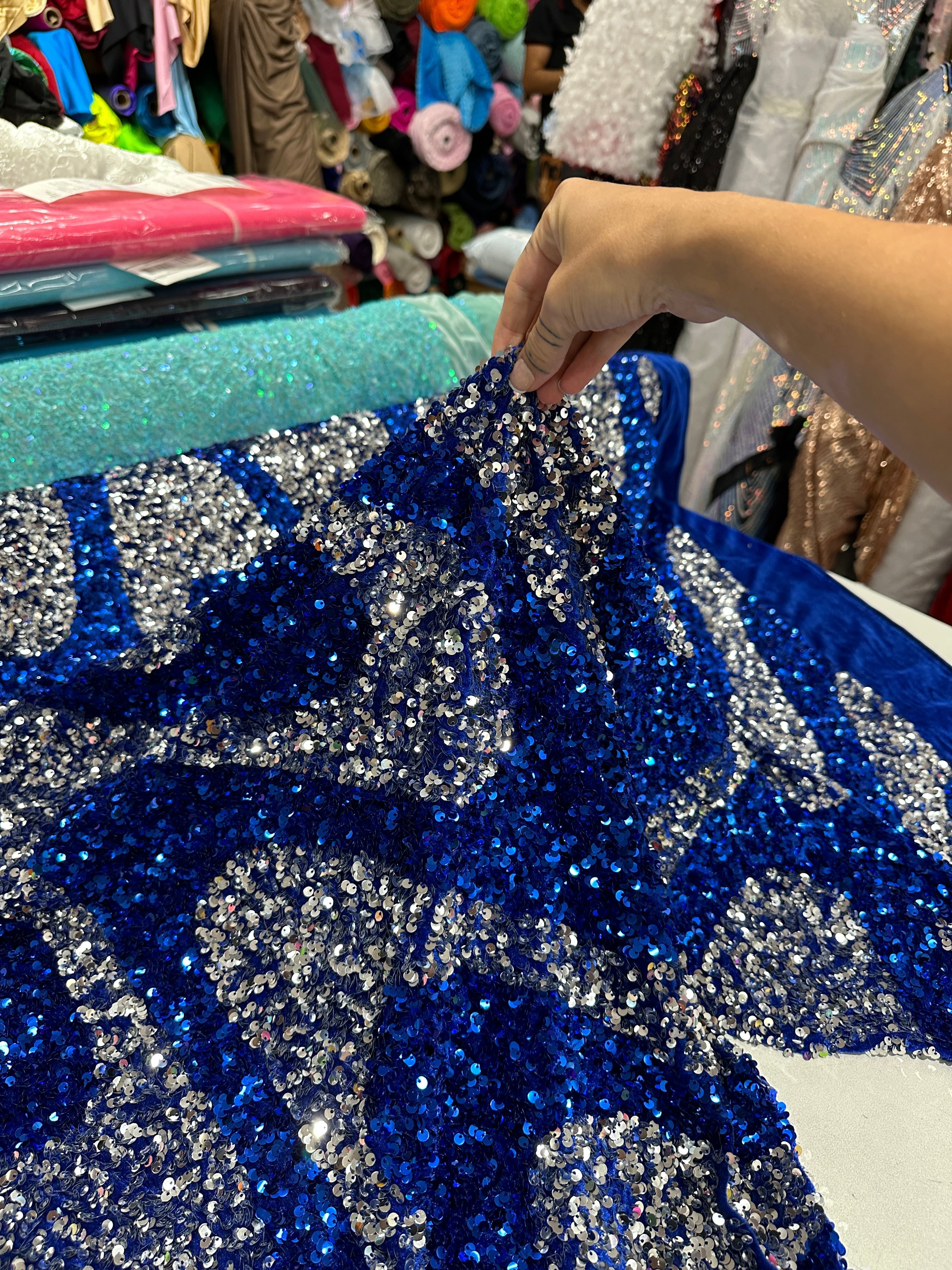 Silver Blue Embroidered Wave Design Sequins on Velvet , blue sequin on velvet, light blue sequin on velvet, dark blue sequin on velvet, sequin on velvet for woman, sequin on velvet for bride, sequin on velvet on discount, sequin on velvet on sale