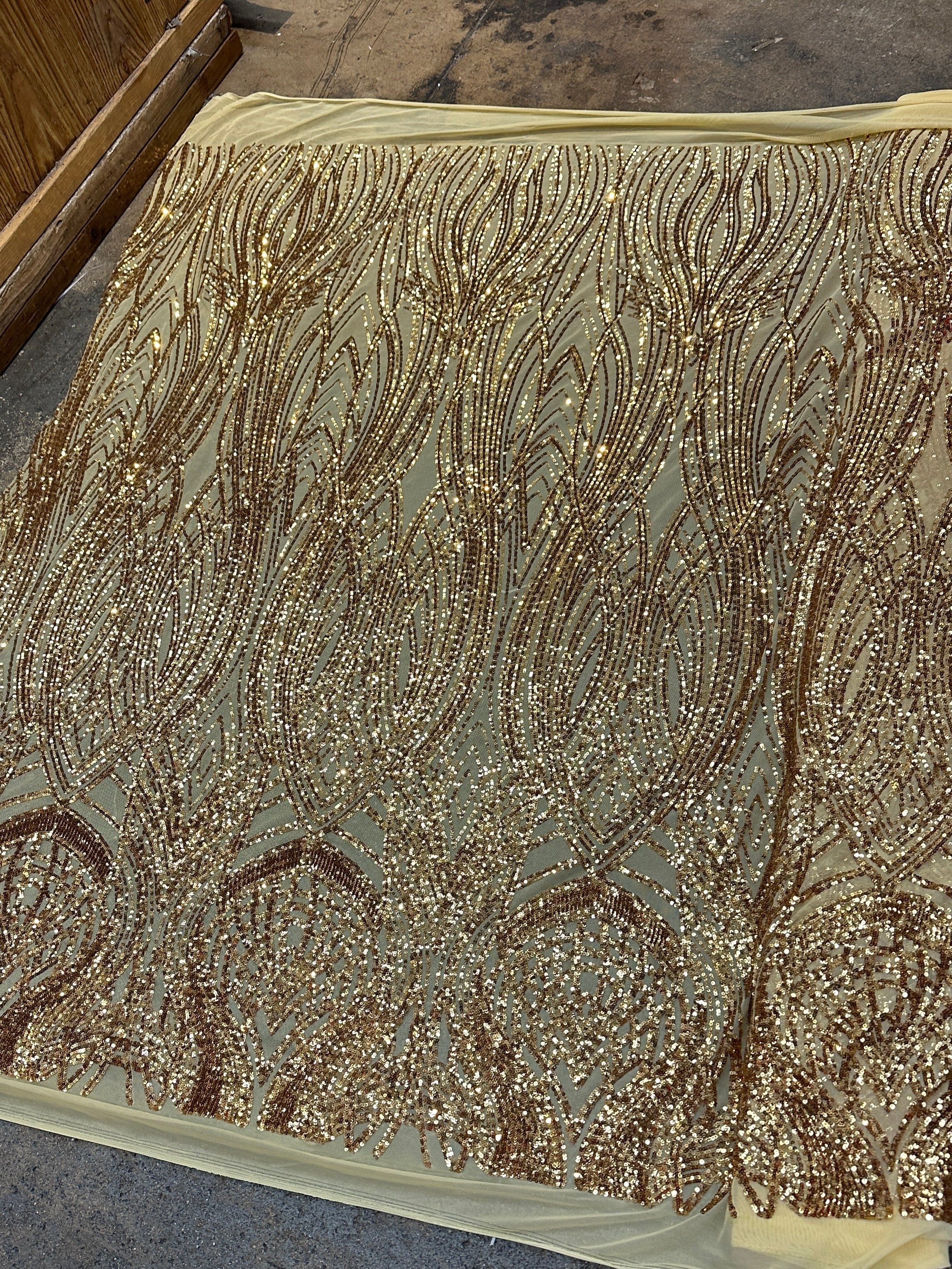 gold Embroidered Curlicue Sequins on Mesh Lace, dark gold sequin on mesh, light gold sequin on mesh, sequin on mesh for woman, sequin on mesh for bride, sequin on mesh on sale, sequin on mesh on discount