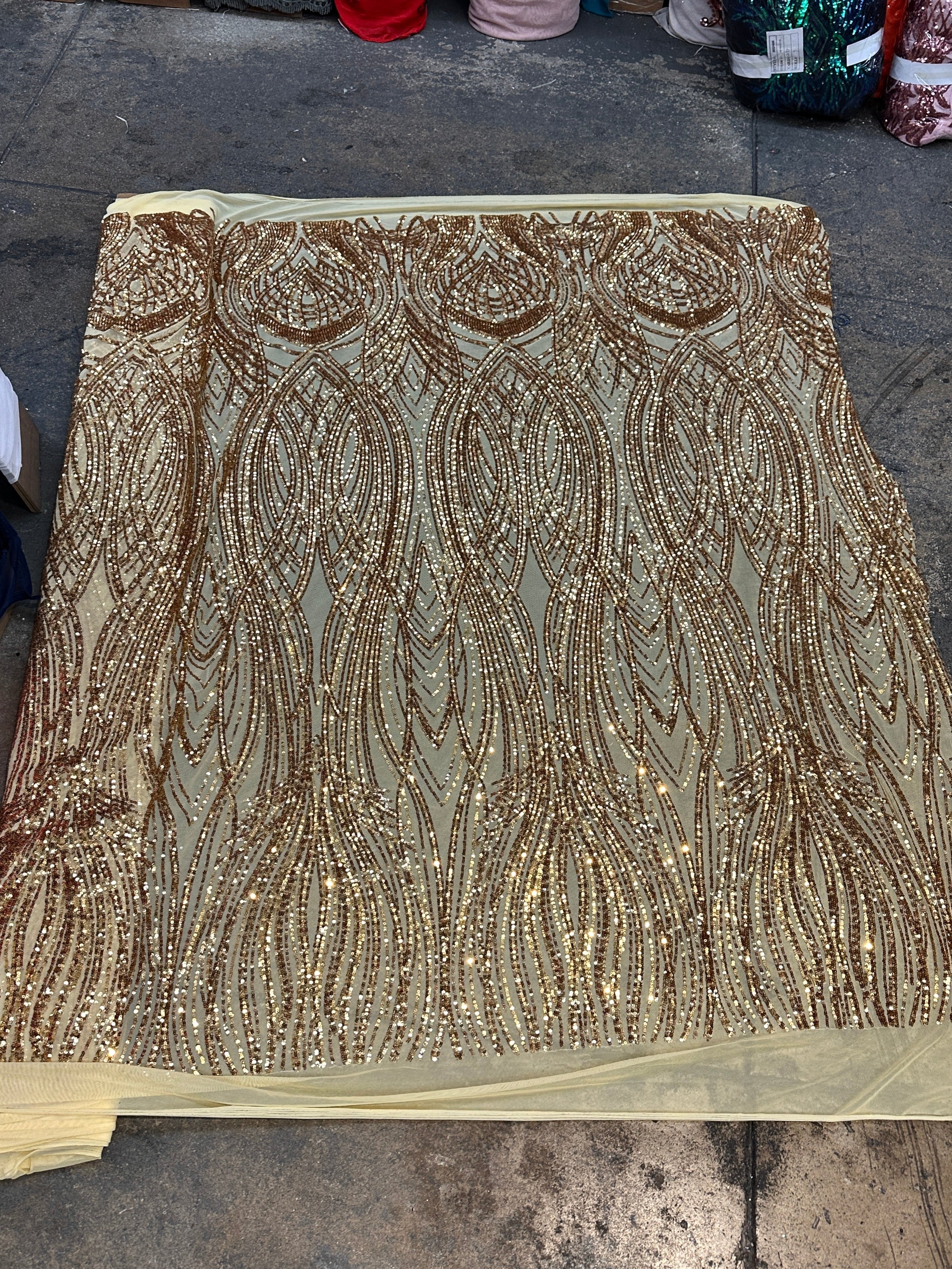 gold Embroidered Curlicue Sequins on Mesh Lace, dark gold sequin on mesh, light gold sequin on mesh, sequin on mesh for woman, sequin on mesh for bride, sequin on mesh on sale, sequin on mesh on discount