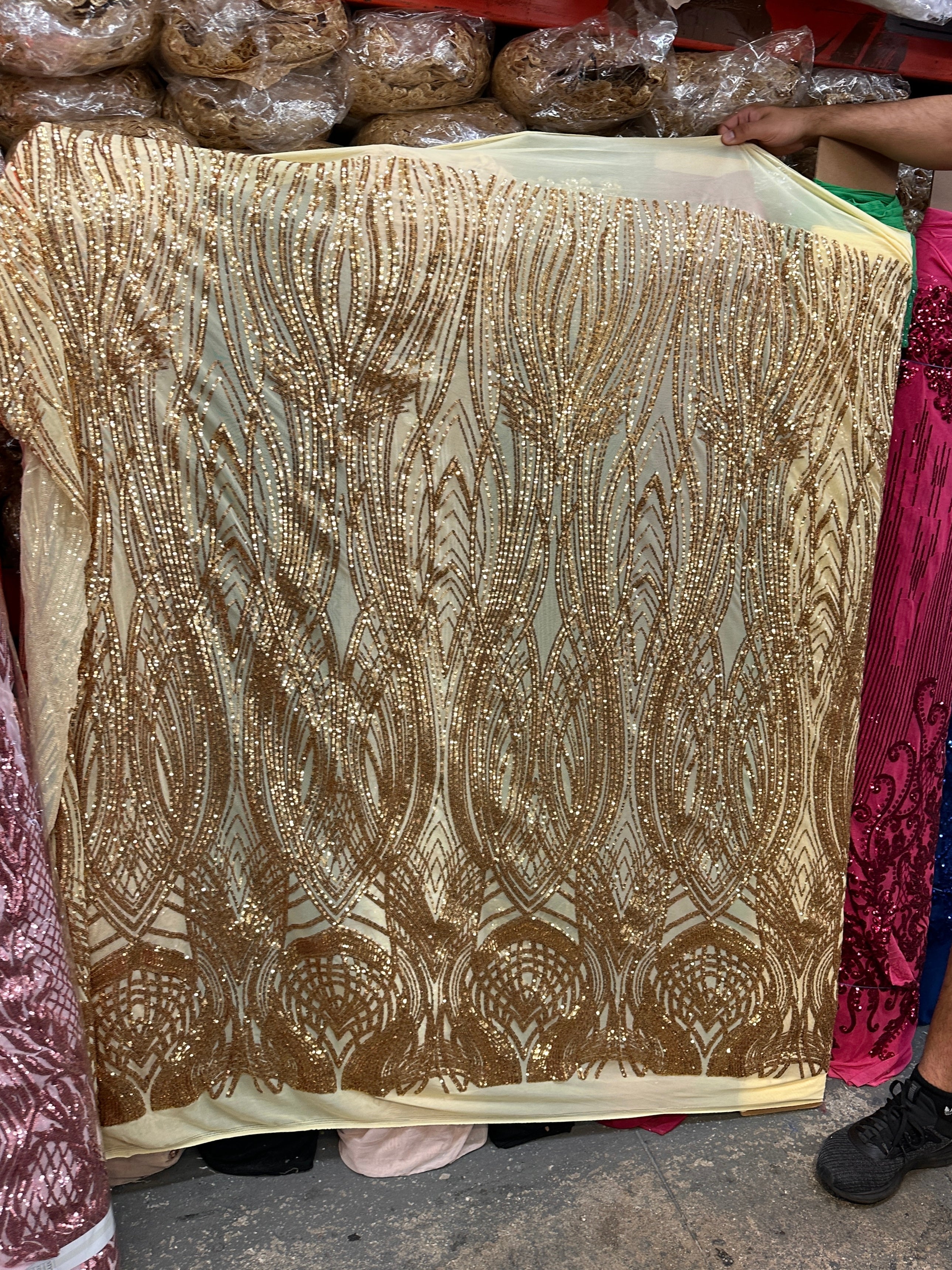 gold Embroidered Curlicue Sequins on Mesh Lace, dark gold sequin on mesh, light gold sequin on mesh, sequin on mesh for woman, sequin on mesh for bride, sequin on mesh on sale, sequin on mesh on discount