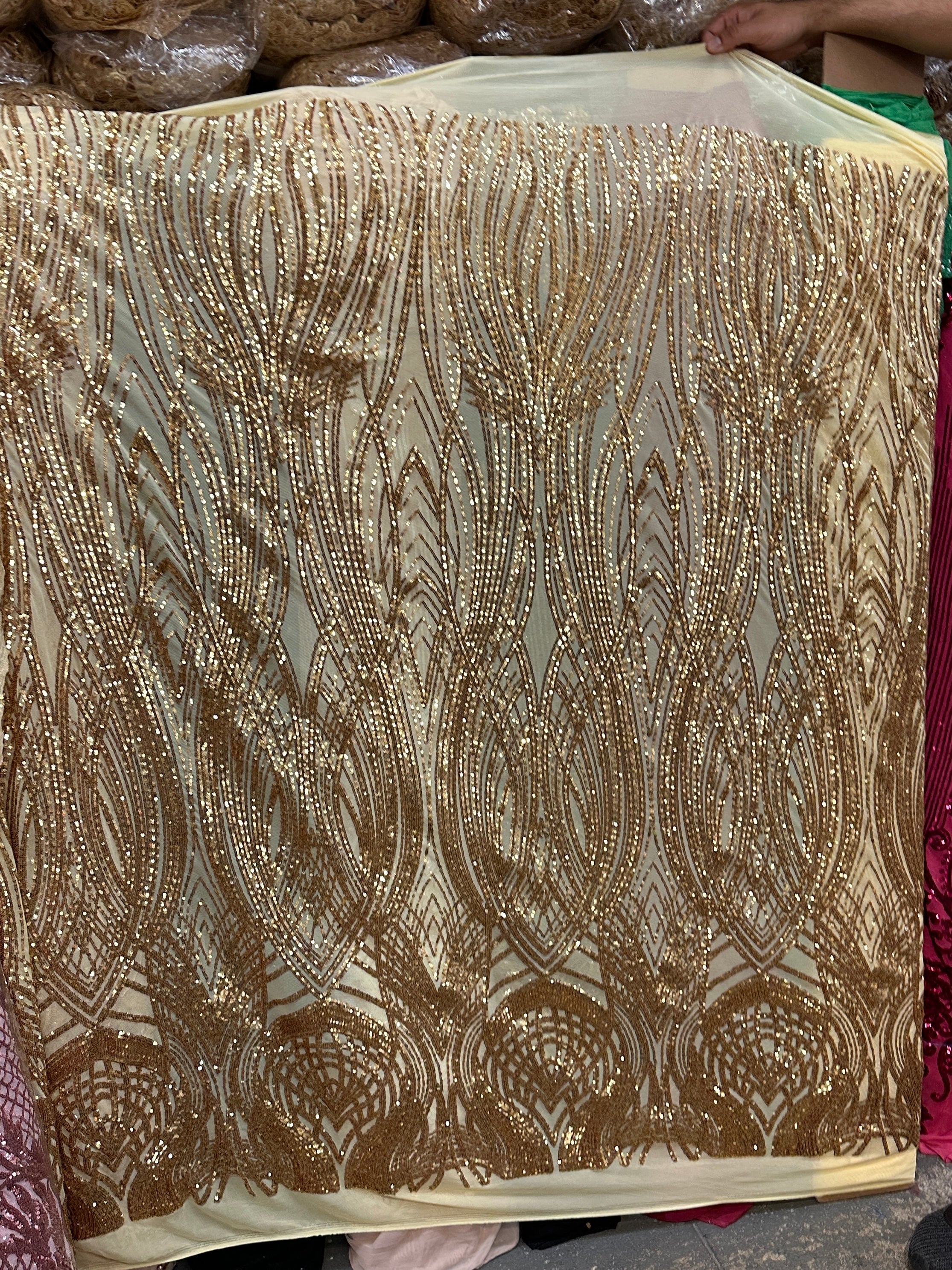 gold Embroidered Curlicue Sequins on Mesh Lace, dark gold sequin on mesh, light gold sequin on mesh, sequin on mesh for woman, sequin on mesh for bride, sequin on mesh on sale, sequin on mesh on discount