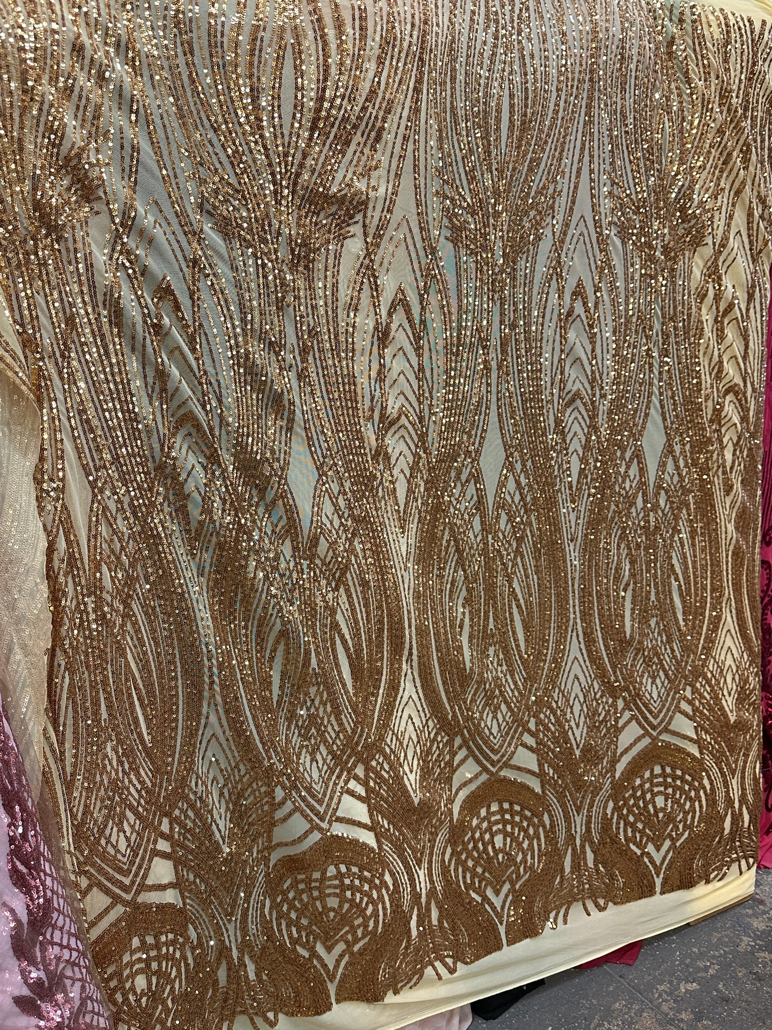 gold Embroidered Curlicue Sequins on Mesh Lace, dark gold sequin on mesh, light gold sequin on mesh, sequin on mesh for woman, sequin on mesh for bride, sequin on mesh on sale, sequin on mesh on discount