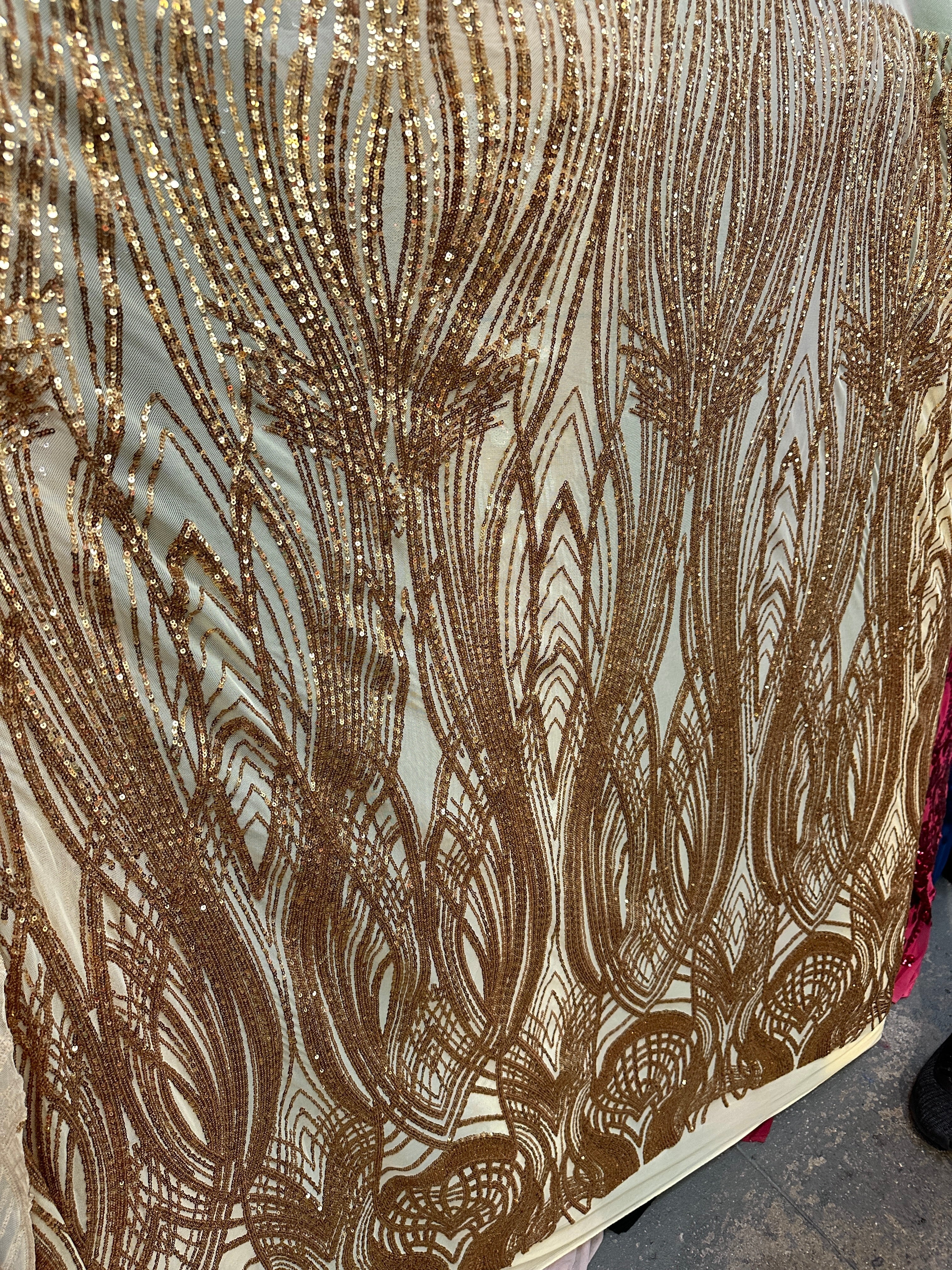 gold Embroidered Curlicue Sequins on Mesh Lace, dark gold sequin on mesh, light gold sequin on mesh, sequin on mesh for woman, sequin on mesh for bride, sequin on mesh on sale, sequin on mesh on discount