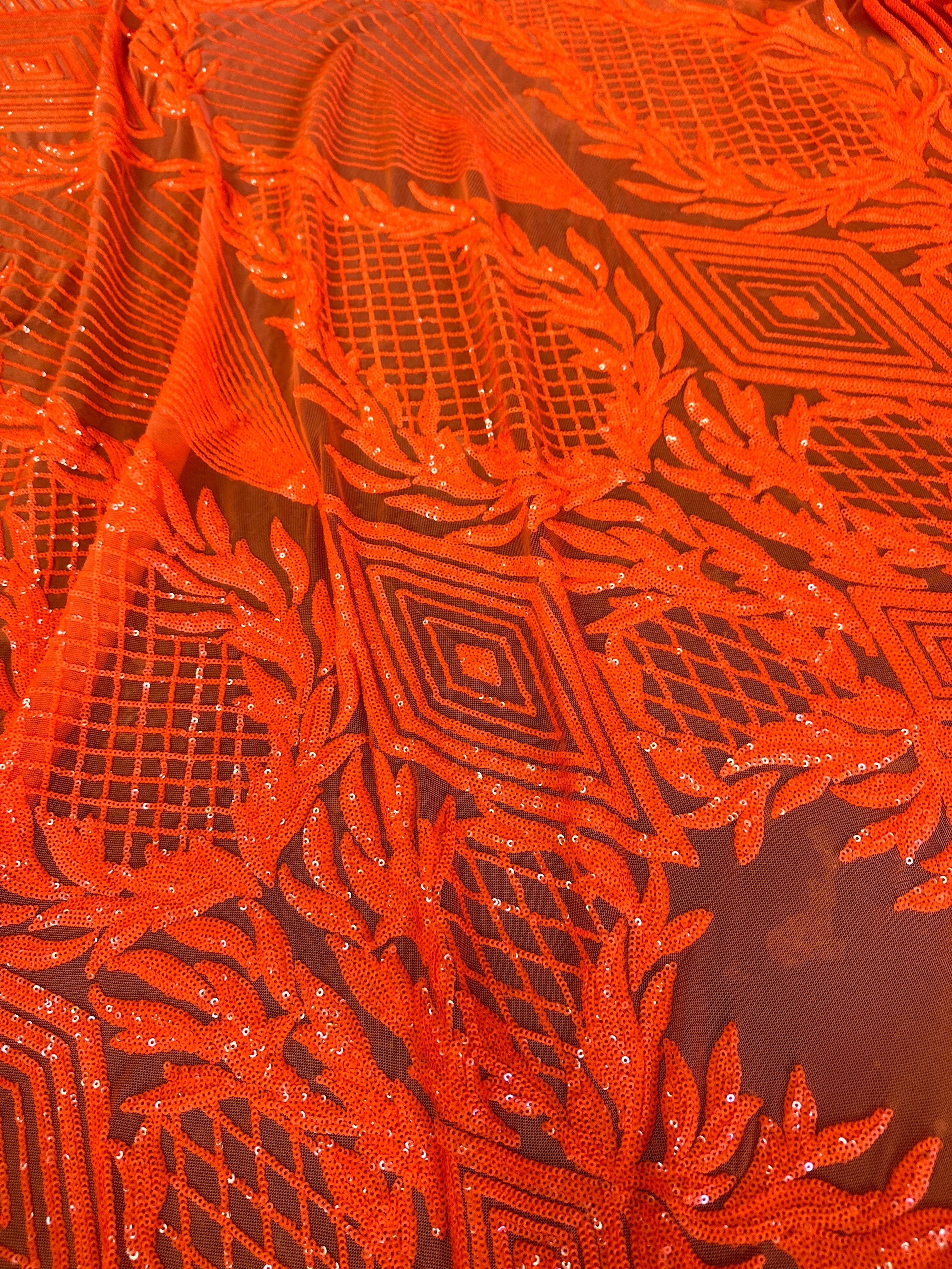Orange Embroidered Curlicue Sequins on Mesh, dark orange sequin on mesh, light orange sequin on mesh, sequin on mesh for woman, sequin on mesh for bride, sequin on mesh on sale, sequin on mesh on discount