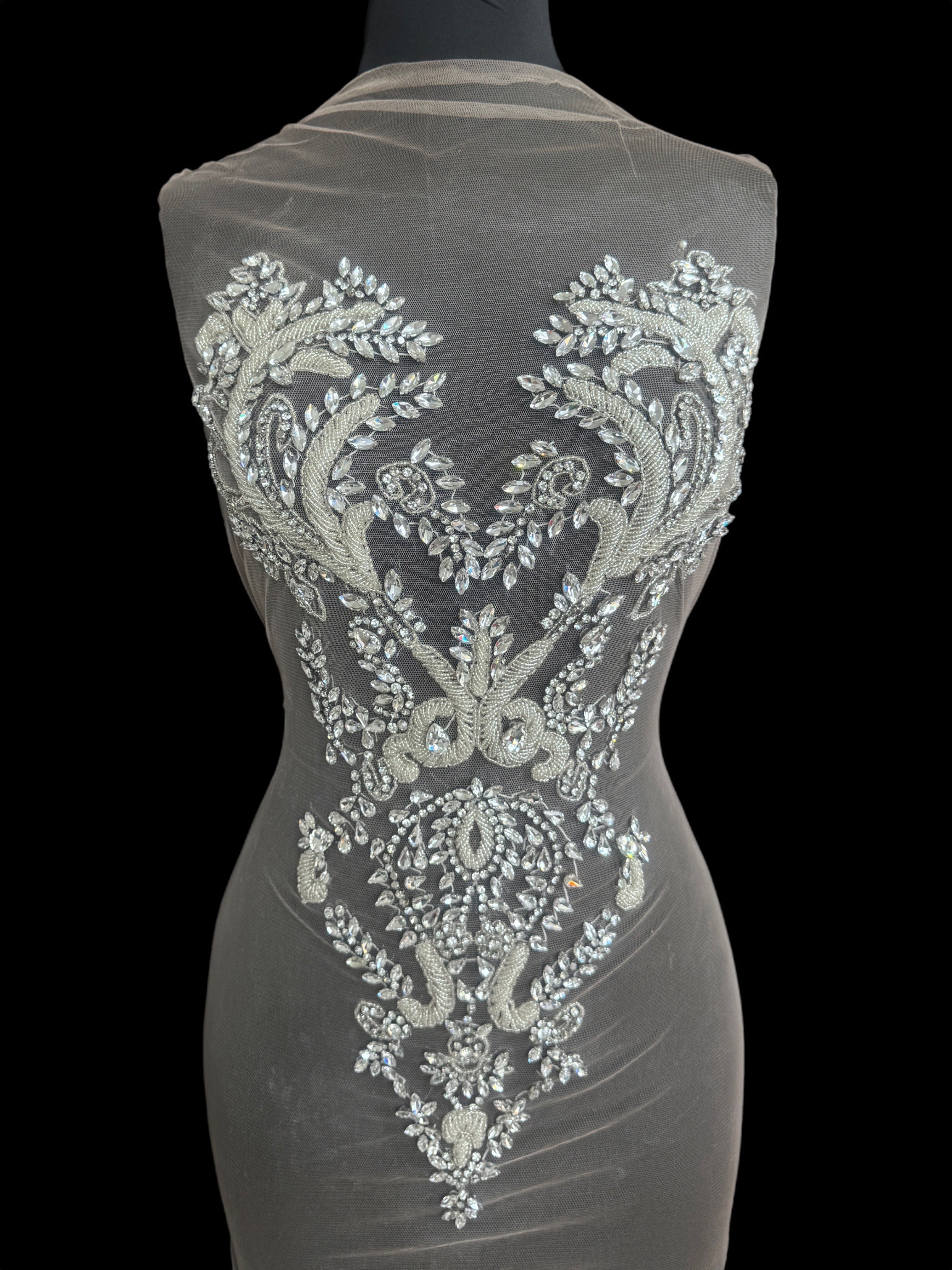 Luna Silver Rhinestone Bodice Appliqué, Silver Rhinestones Applique, Embellished clothing, Rhinestone applications, Rhinestone embroidery, Rhinestone patch, Dress patch, Rhinestones for dress