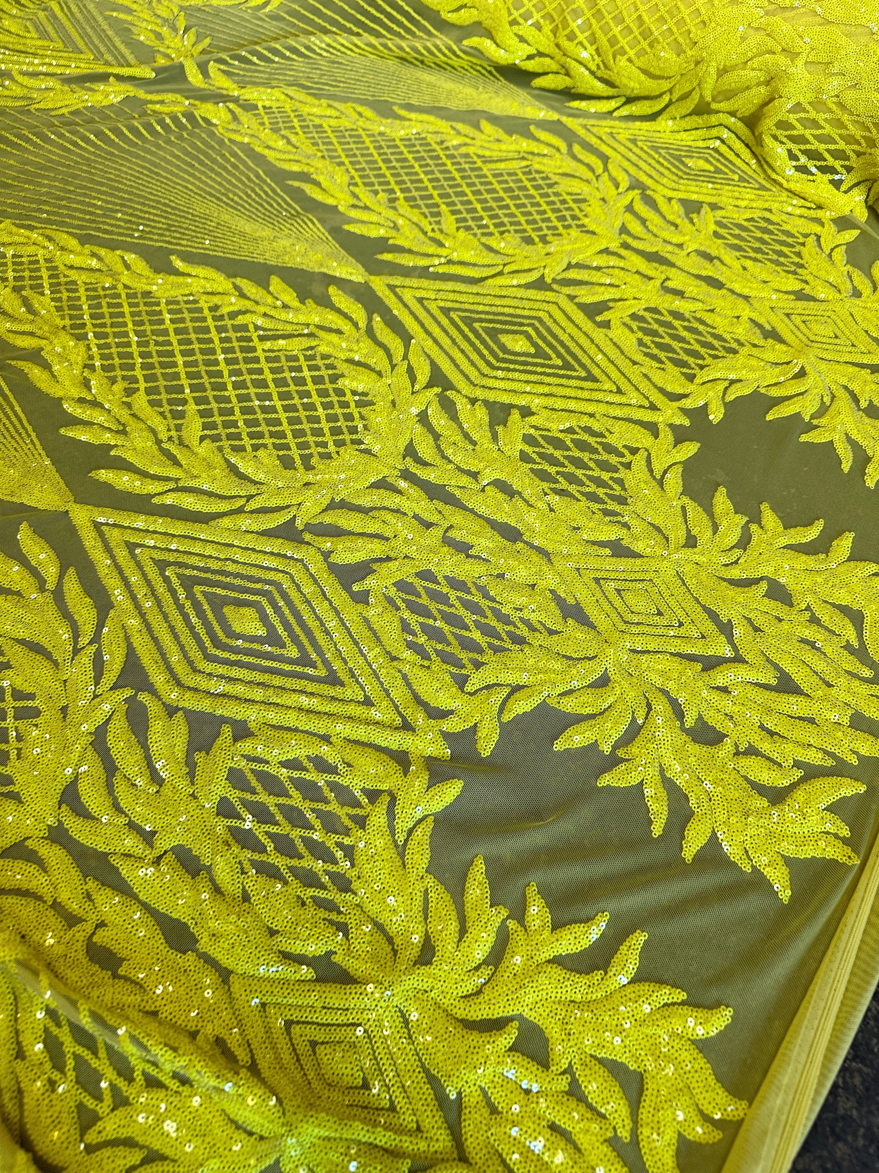 Neon Yellow Embroidered Curlicue Sequins on Mesh Lace, dark yellow sequin on mesh, light yllow sequin on mesh, sequin on mesh for woman, sequin on mesh for bride, sequin on mesh on sale, sequin on mesh on discount