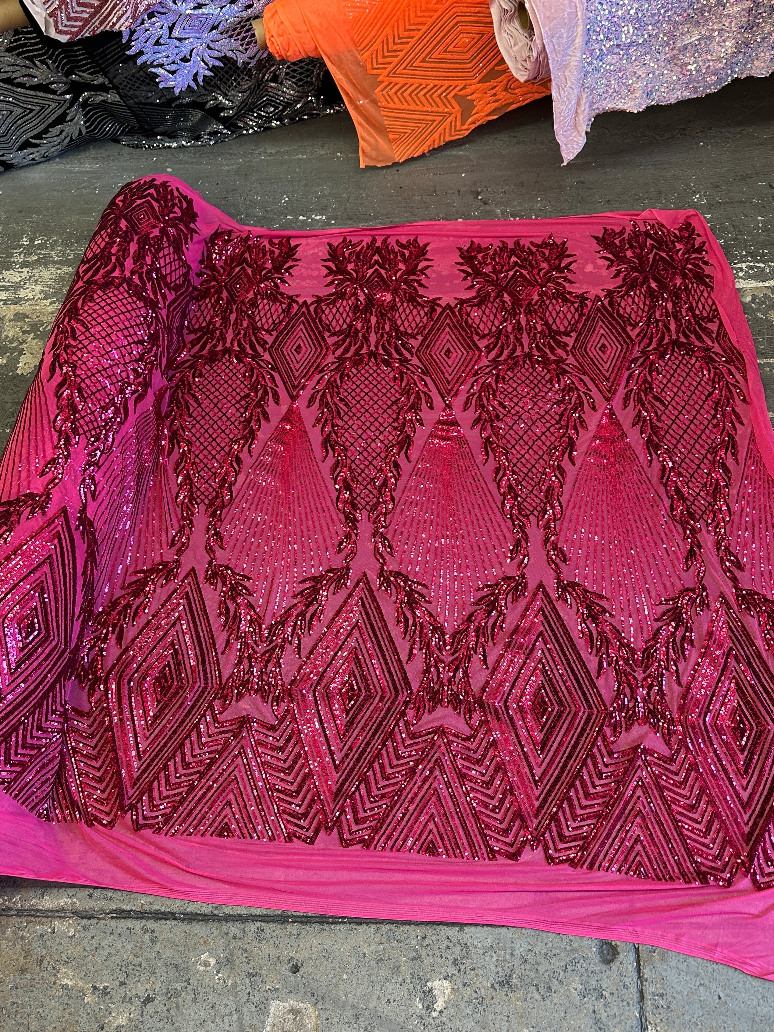 fuchsia Embroidered Curlicue Sequins on Mesh Lace, dark pink sequin on mesh, light pink sequin on mesh, sequin on mesh for woman, sequin on mesh for bride, sequin on mesh on sale, sequin on mesh on discount
