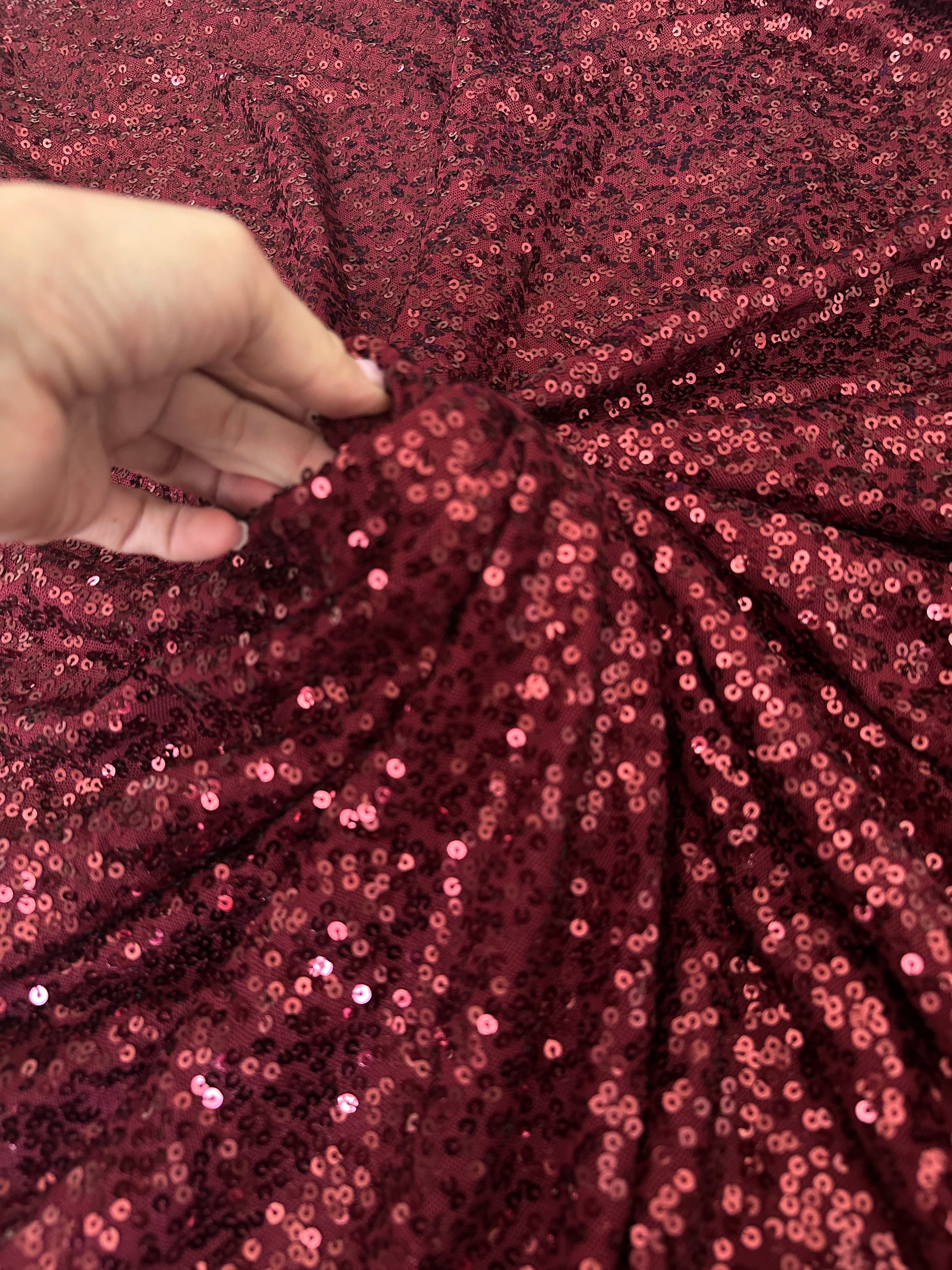 burgundy all way stretch sequin on mesh, dark red sequin on mesh, maroon sequin on mesh, sequin on mesh for woman, sequin on mesh for bride, sequin on mesh on discount, sequin on mesh on sale, premium sequin on mesh, kiki textile sequin on mesh, sequin on mesh for party wear