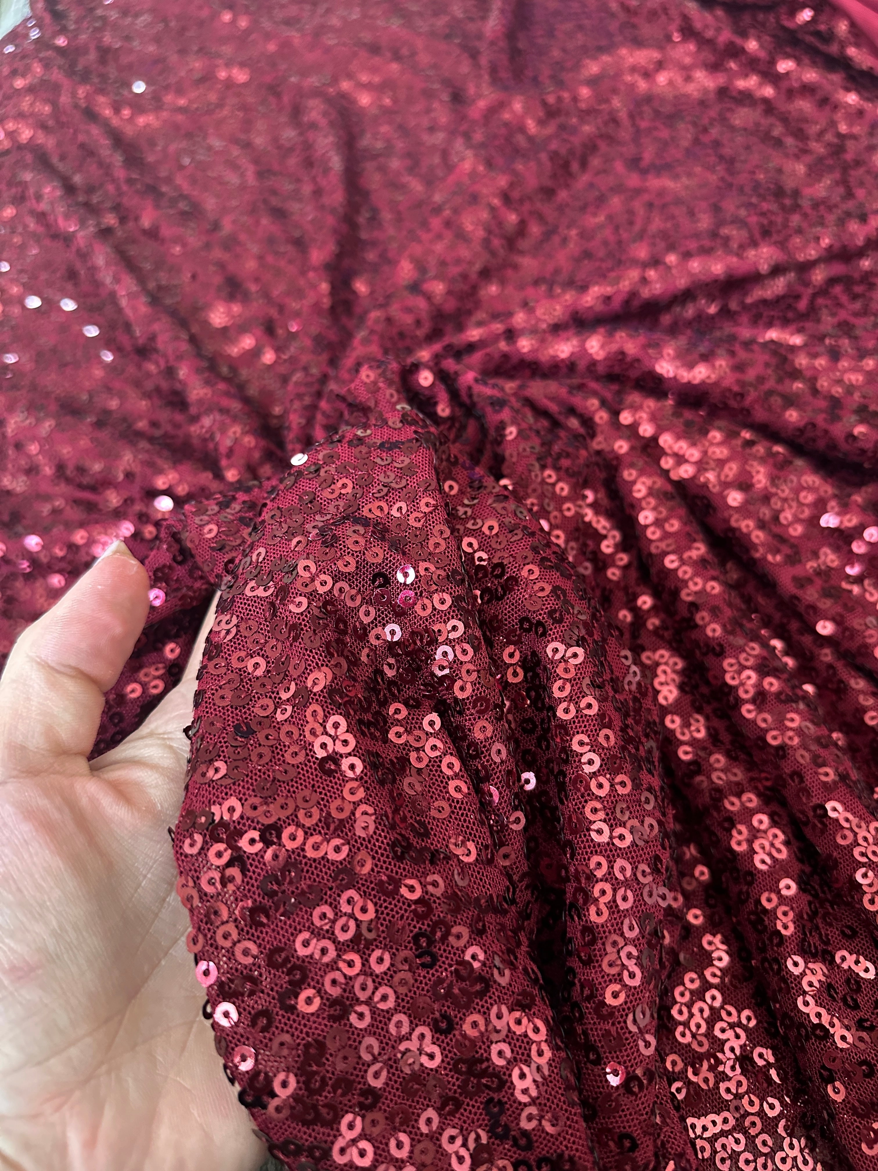 burgundy all way stretch sequin on mesh, dark red sequin on mesh, maroon sequin on mesh, sequin on mesh for woman, sequin on mesh for bride, sequin on mesh on discount, sequin on mesh on sale, premium sequin on mesh, kiki textile sequin on mesh, sequin on mesh for party wear