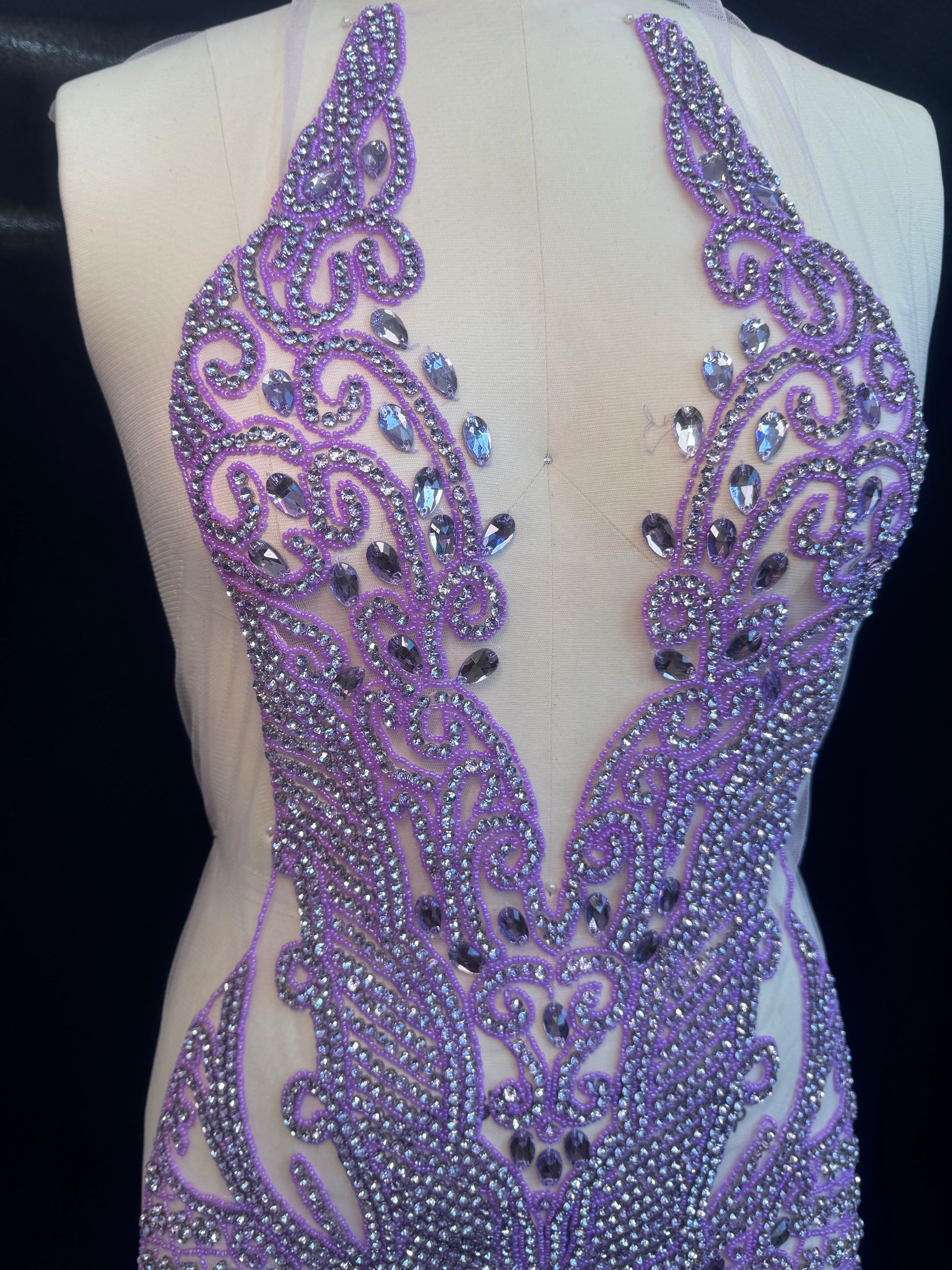Brenda Lavender Rhinestones Bodice Applique, purple rhinestone, light purple rhinestone, dark purple rhinestone