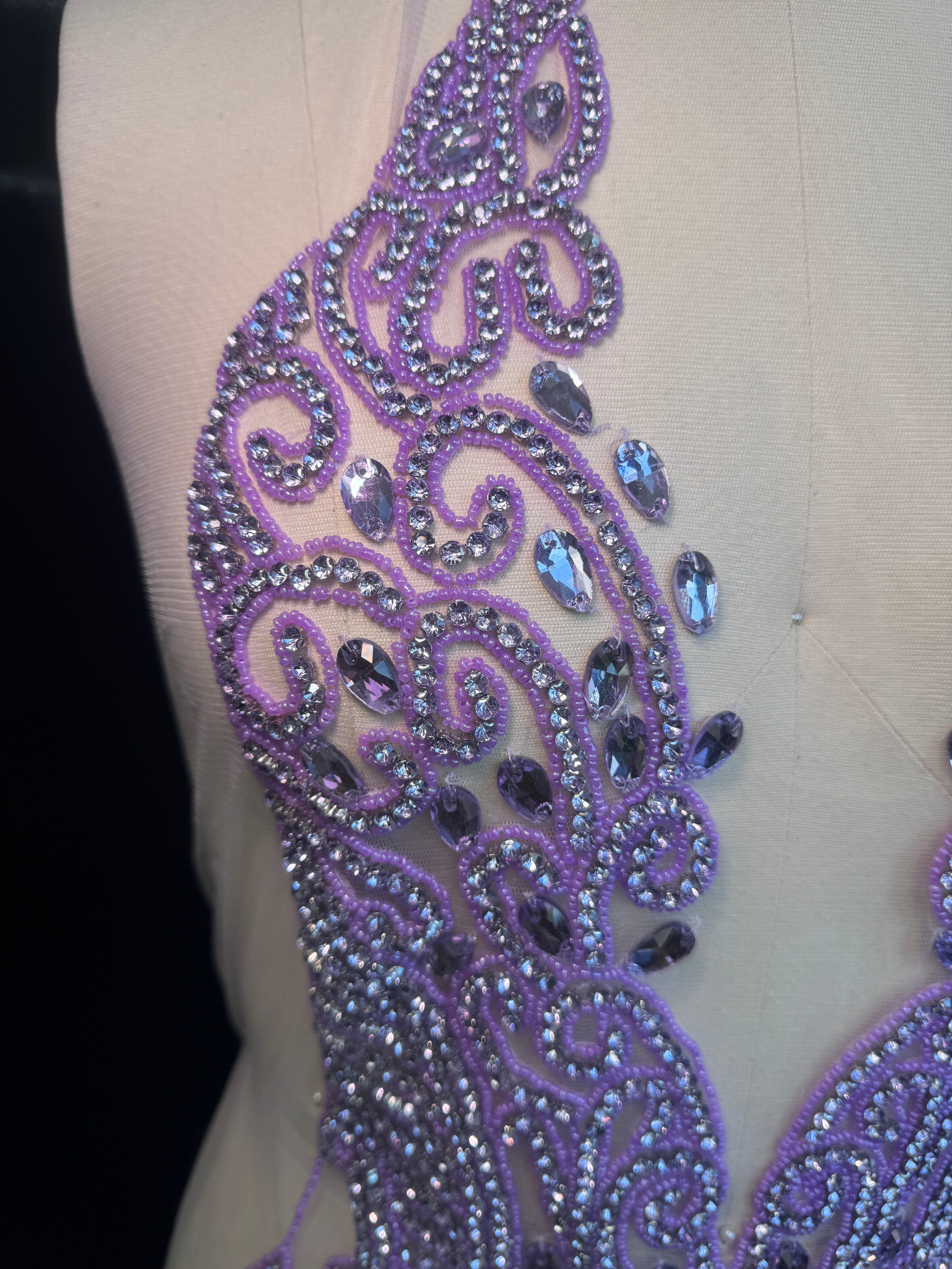 Brenda Lavender Rhinestones Bodice Applique, purple rhinestone, light purple rhinestone, dark purple rhinestone
