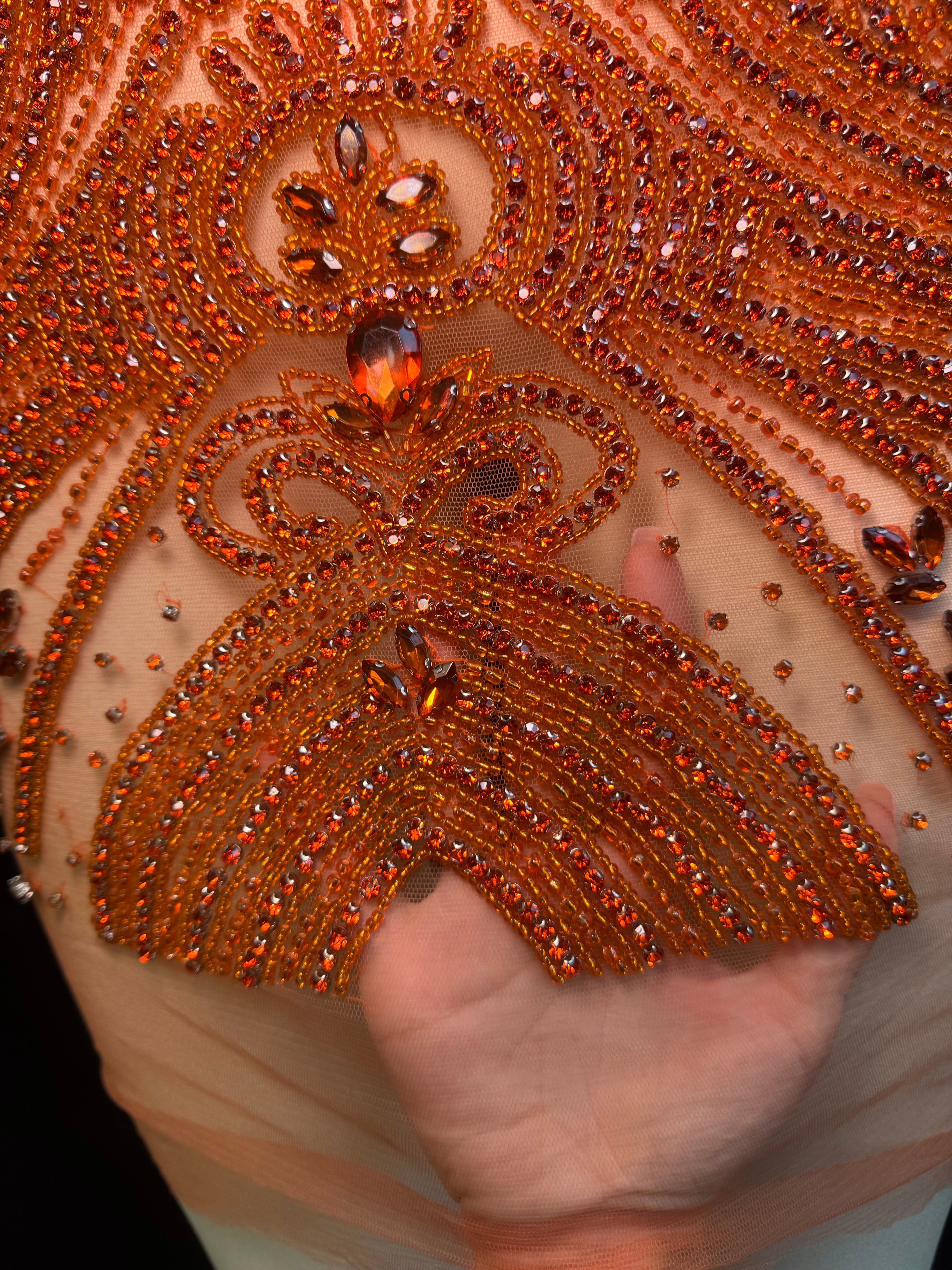 Deborah Orange Rhinestones Bodice Applique, orange rhinestone, light orange rhinestone, dark orange rhinestone