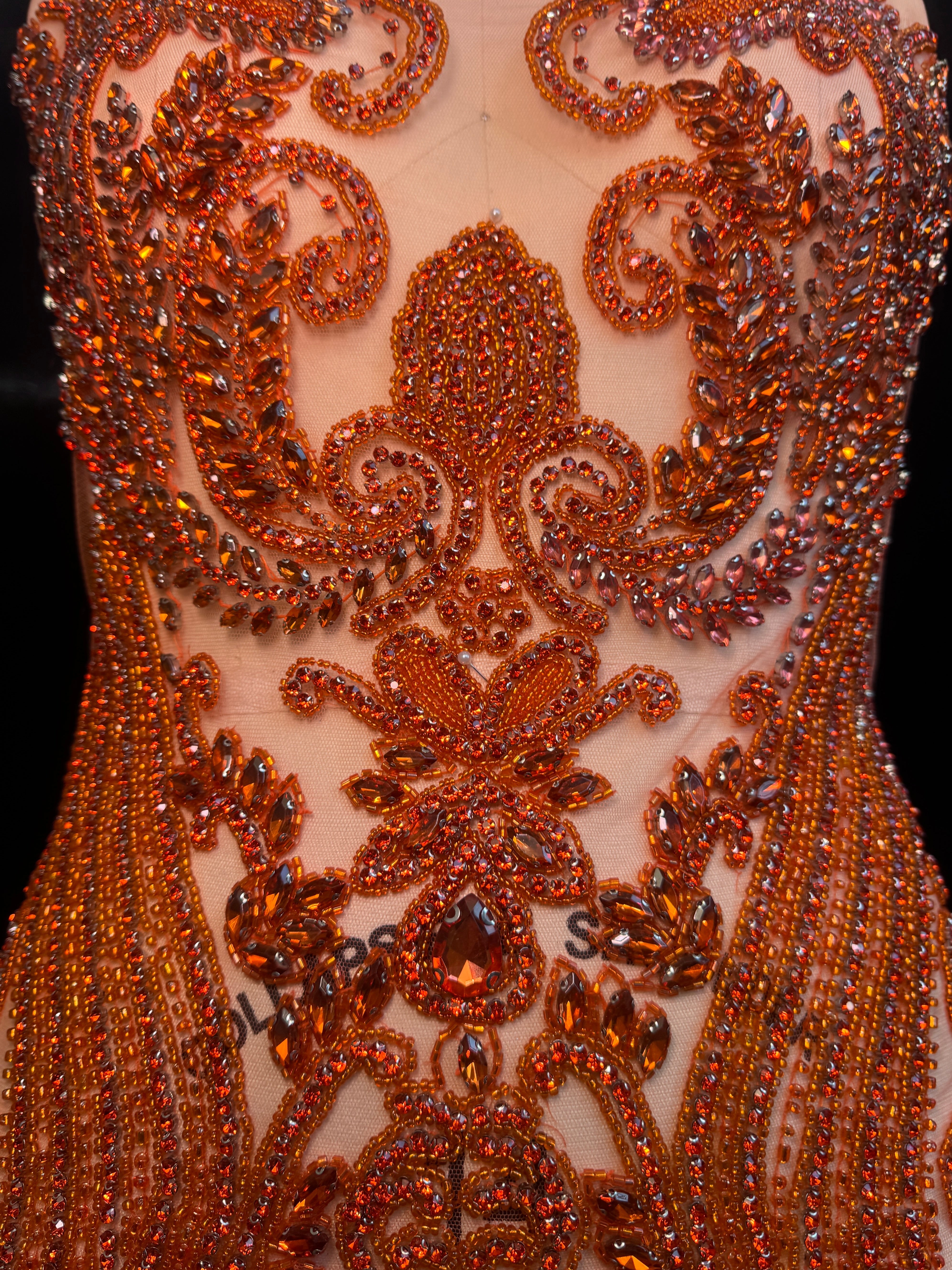 Deborah Orange Rhinestones Bodice Applique, orange rhinestone, light orange rhinestone, dark orange rhinestone