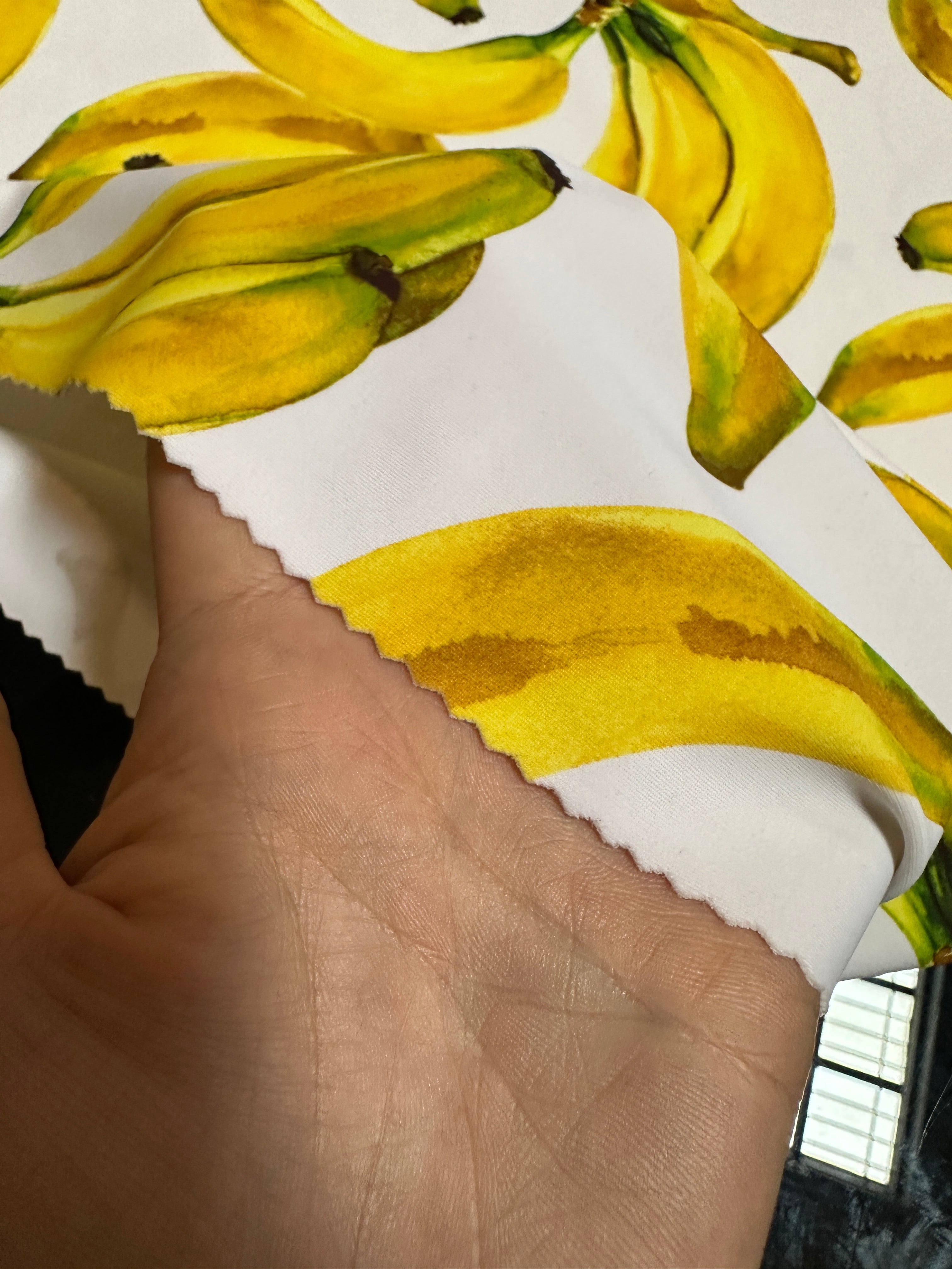 banana print fabric, banana white nylon spandex, printed spandex fabric, spandex for legging, fabric for dancewear, kikitextiles, printed fabric, spandex store usa, spandex for woman, spandex on sale, spandex on discount, premium spandex