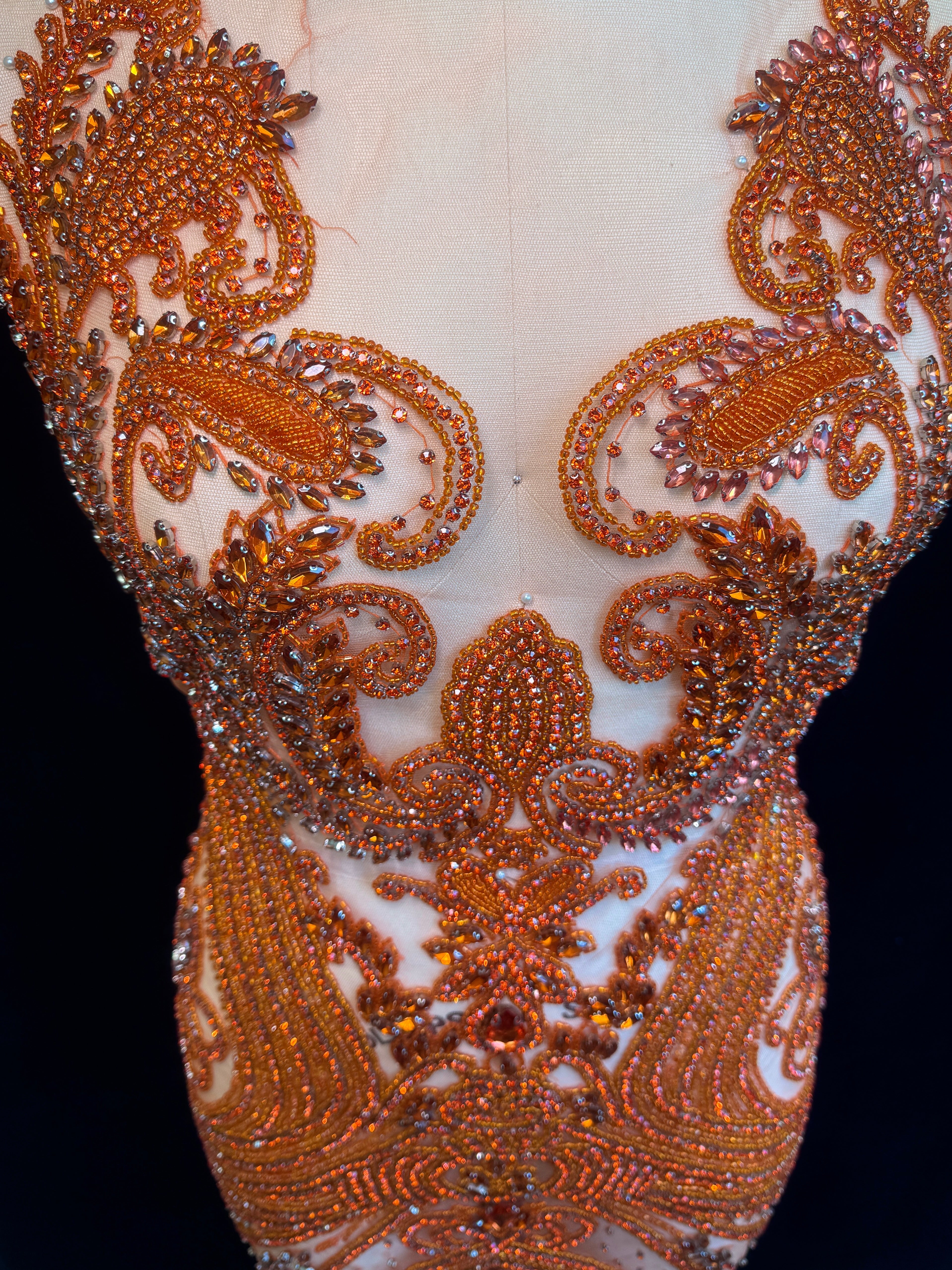 Deborah Orange Rhinestones Bodice Applique, orange rhinestone, light orange rhinestone, dark orange rhinestone