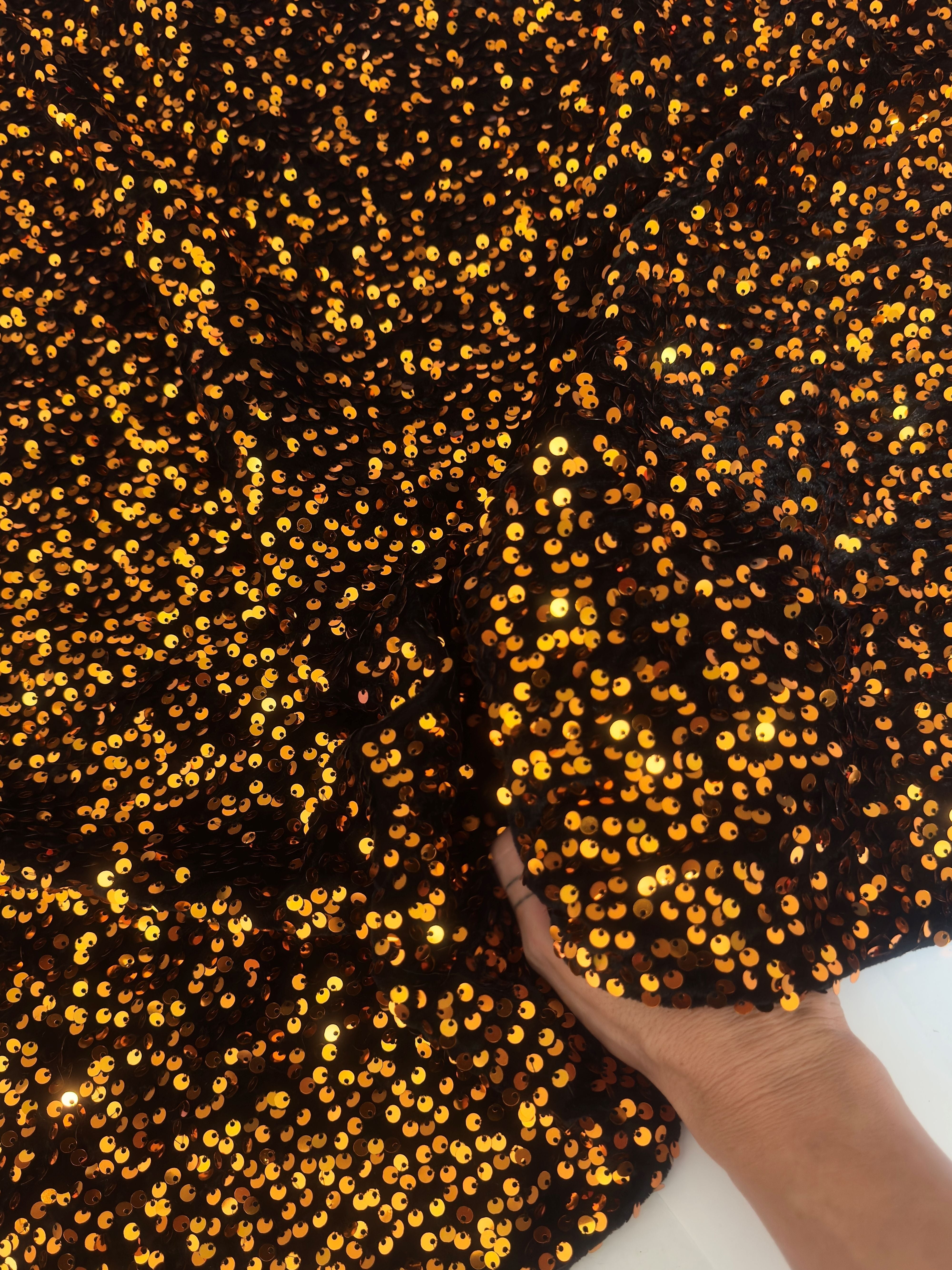 Burnt Orange Sequins Velvet, Fabric Store, Sewing Store, Cheap Fabric Store, Kiki Textiles, Textile by the Yard