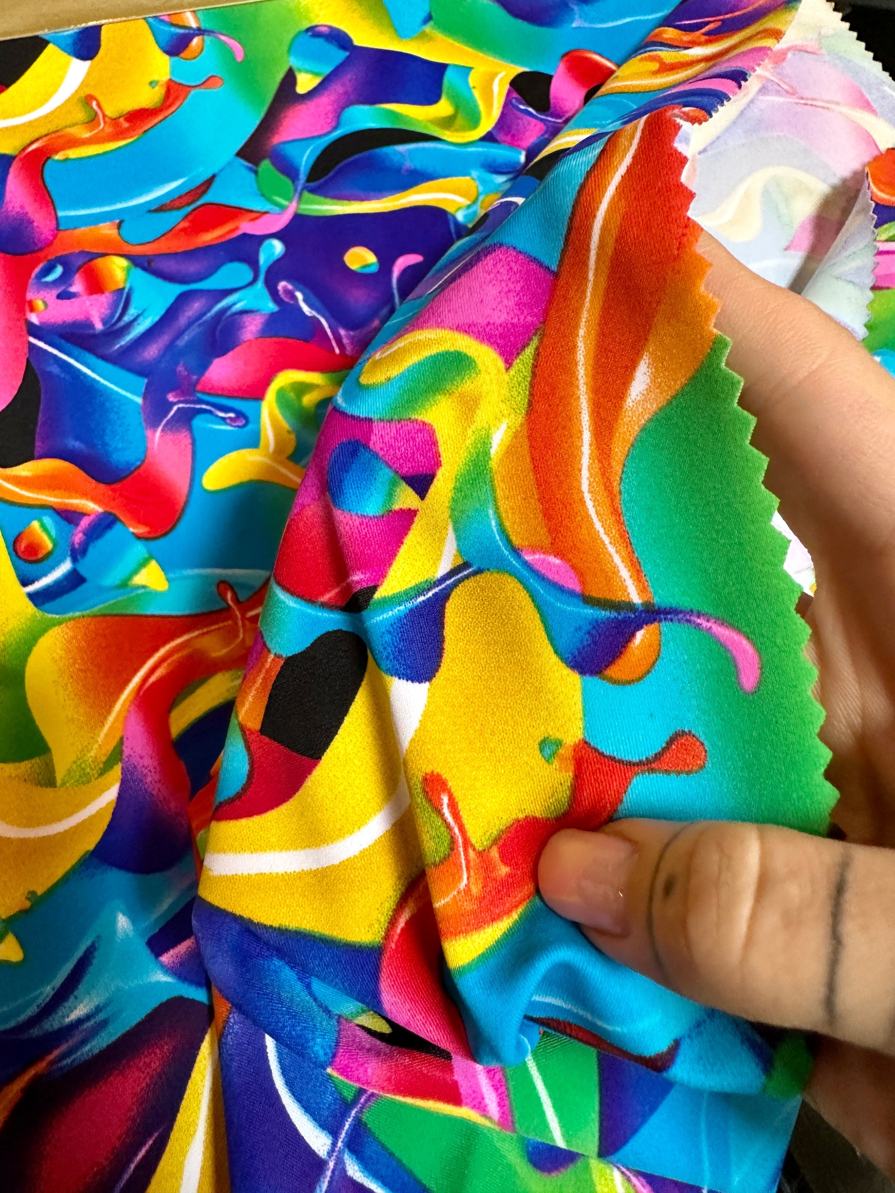 Multicolor Abstract Print Nylon Spandex, colorfull spandex fabric, spandex for legging, fabric for dancewear, kikitextiles, printed Nylon Spandex, spandex store usa, spandex for woman, spandex on sale, spandex on discount, premium spandex