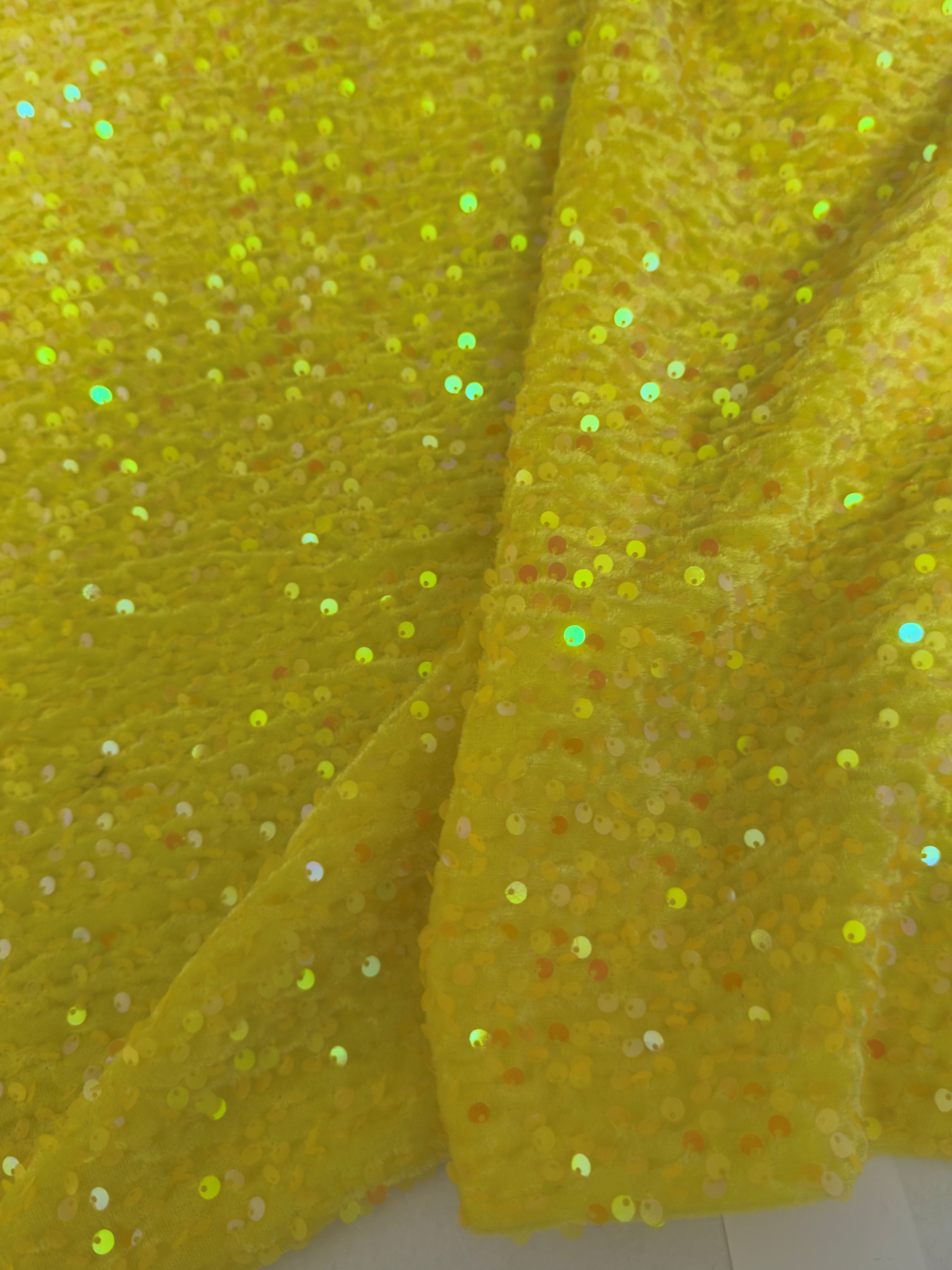 Banana Yellow Sequins Velvet, Sequins Velvet, Stretch Sequin Mesh, Stretch Sequin velvet for woman, Stretch Sequin velvet for bride, Stretch Sequin velvet on discount, Stretch Sequin velvet online