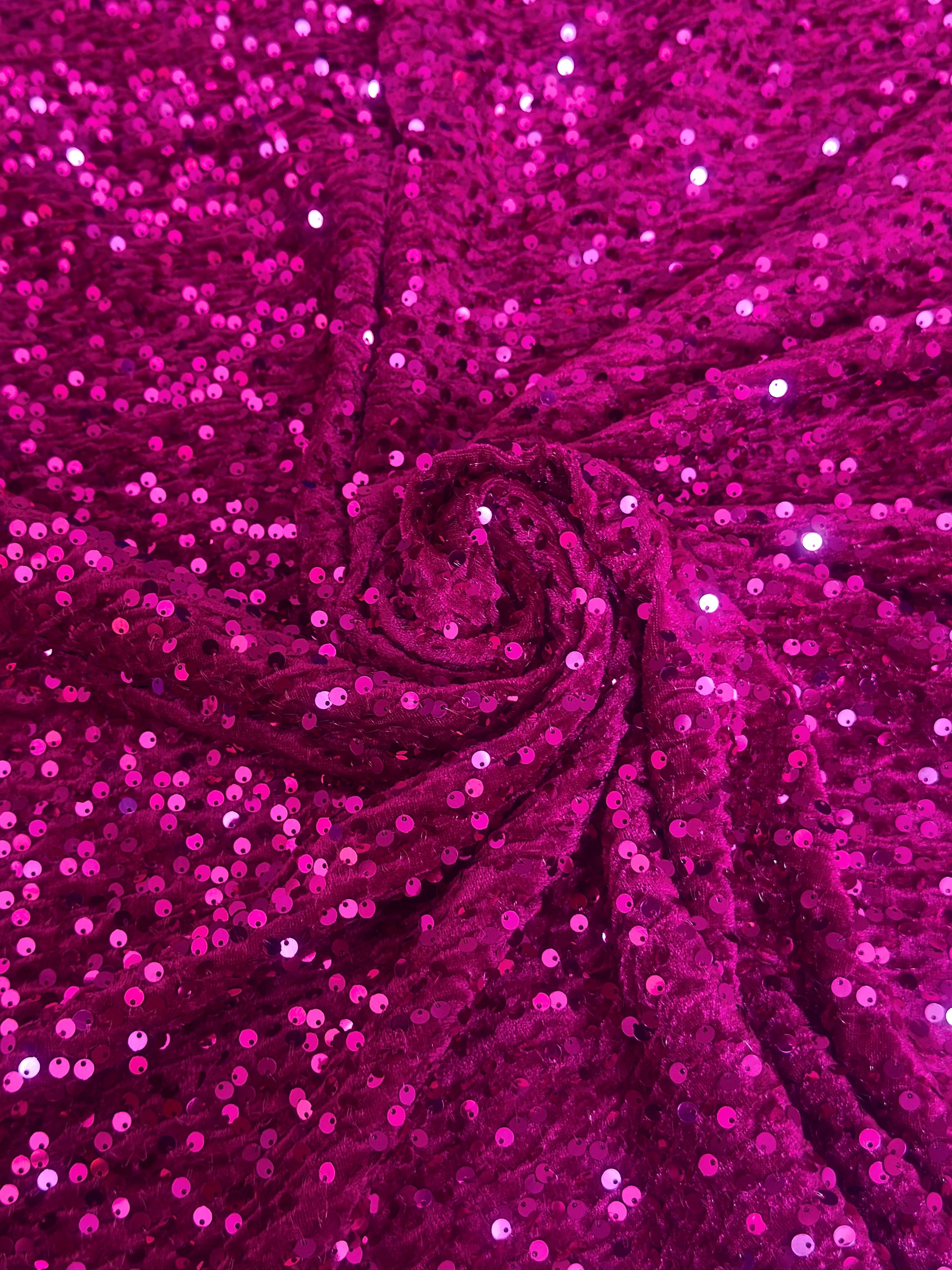 Magenta Sequins Velvet, Stretch Sequin Mesh, Stretch Sequin velvet for woman, Stretch Sequin velvet for bride, Stretch Sequin velvet on discount, Stretch Sequin velvet online