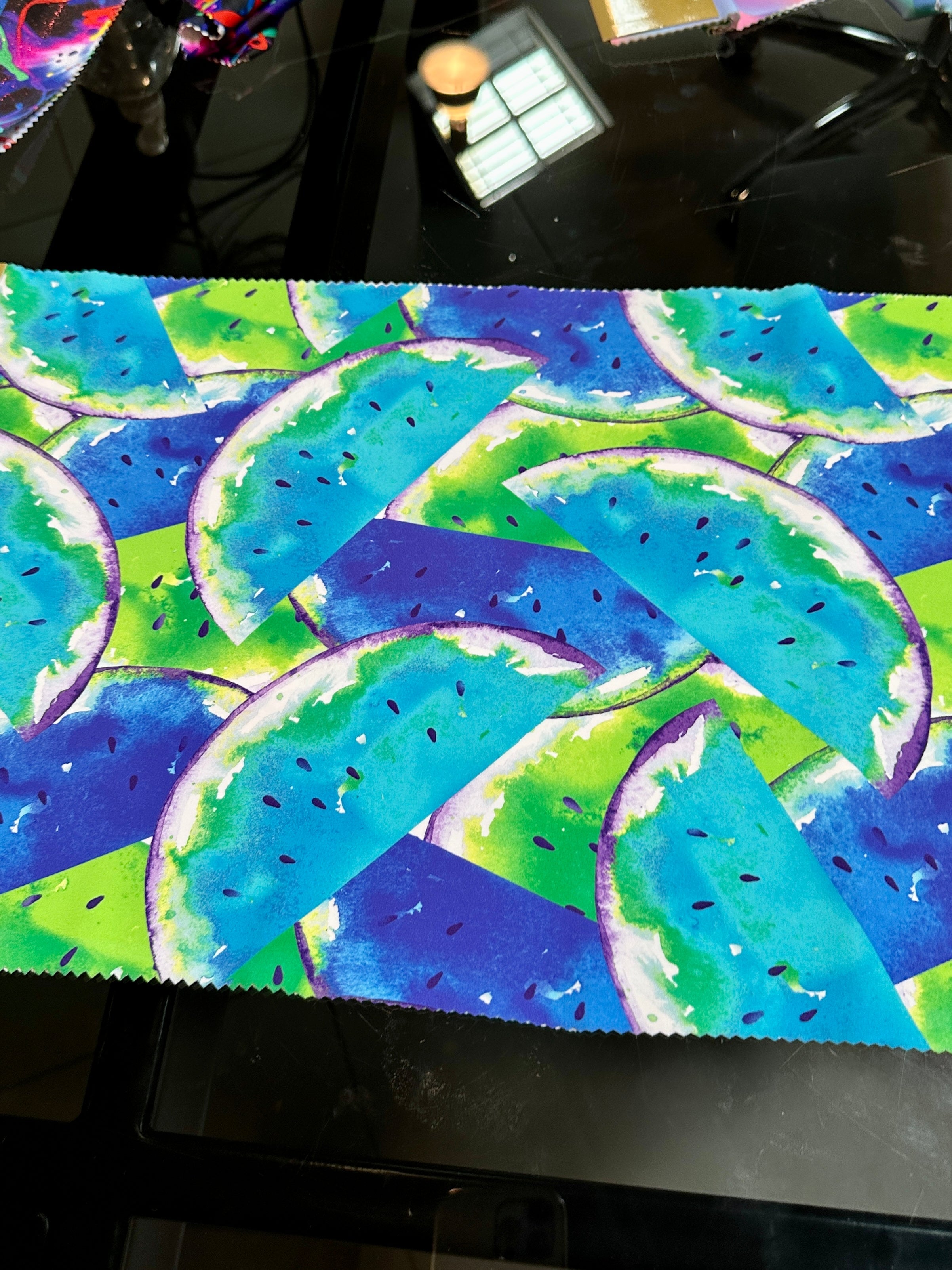 Blue Watermelon Print Nylon Spandex, colorfull spandex fabric, spandex for legging, fabric for dancewear, kikitextiles, printed Nylon Spandex, spandex store usa, spandex for woman, spandex on sale, spandex on discount, premium spandex