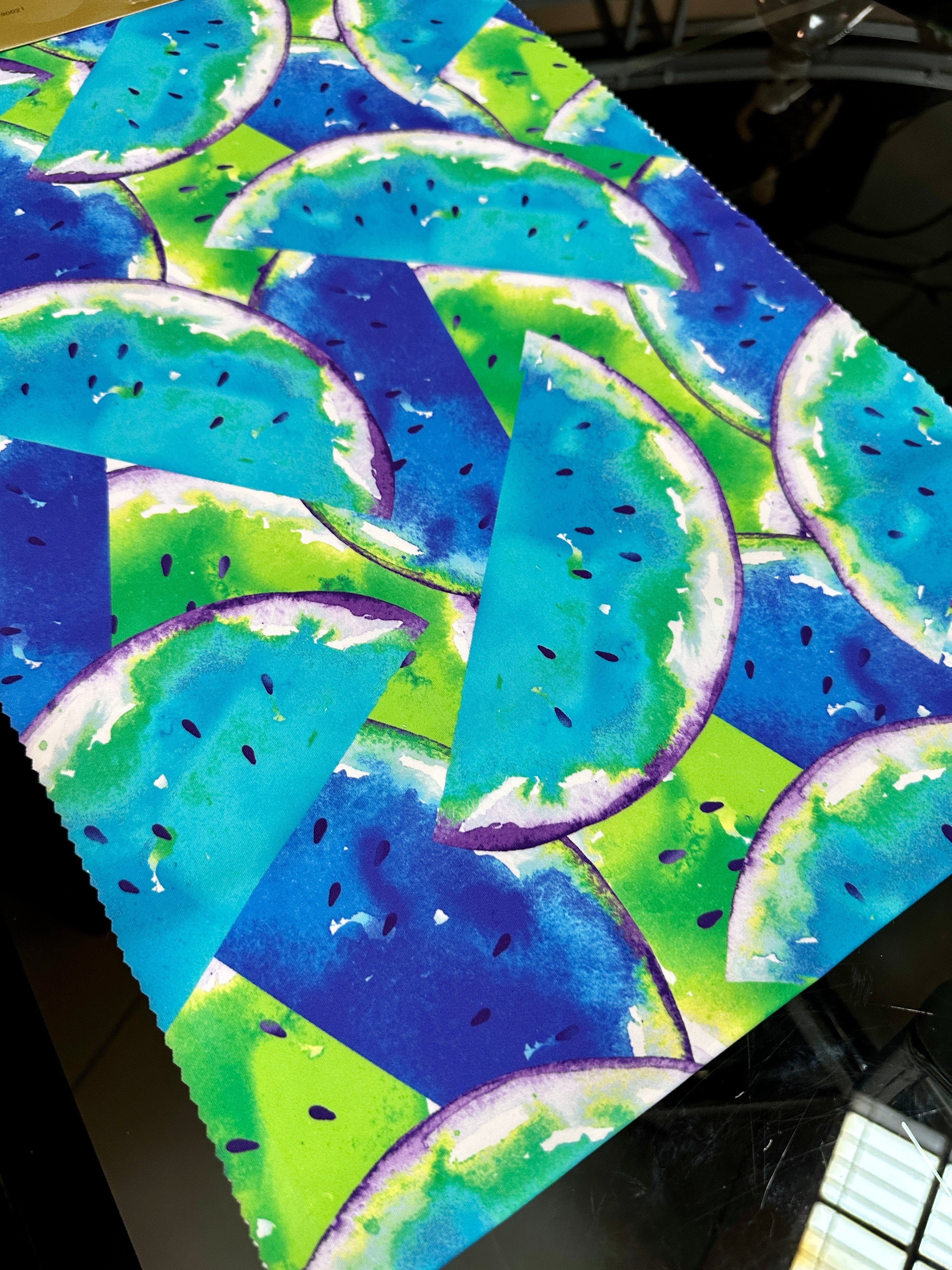 Blue Watermelon Print Nylon Spandex, colorfull spandex fabric, spandex for legging, fabric for dancewear, kikitextiles, printed Nylon Spandex, spandex store usa, spandex for woman, spandex on sale, spandex on discount, premium spandex