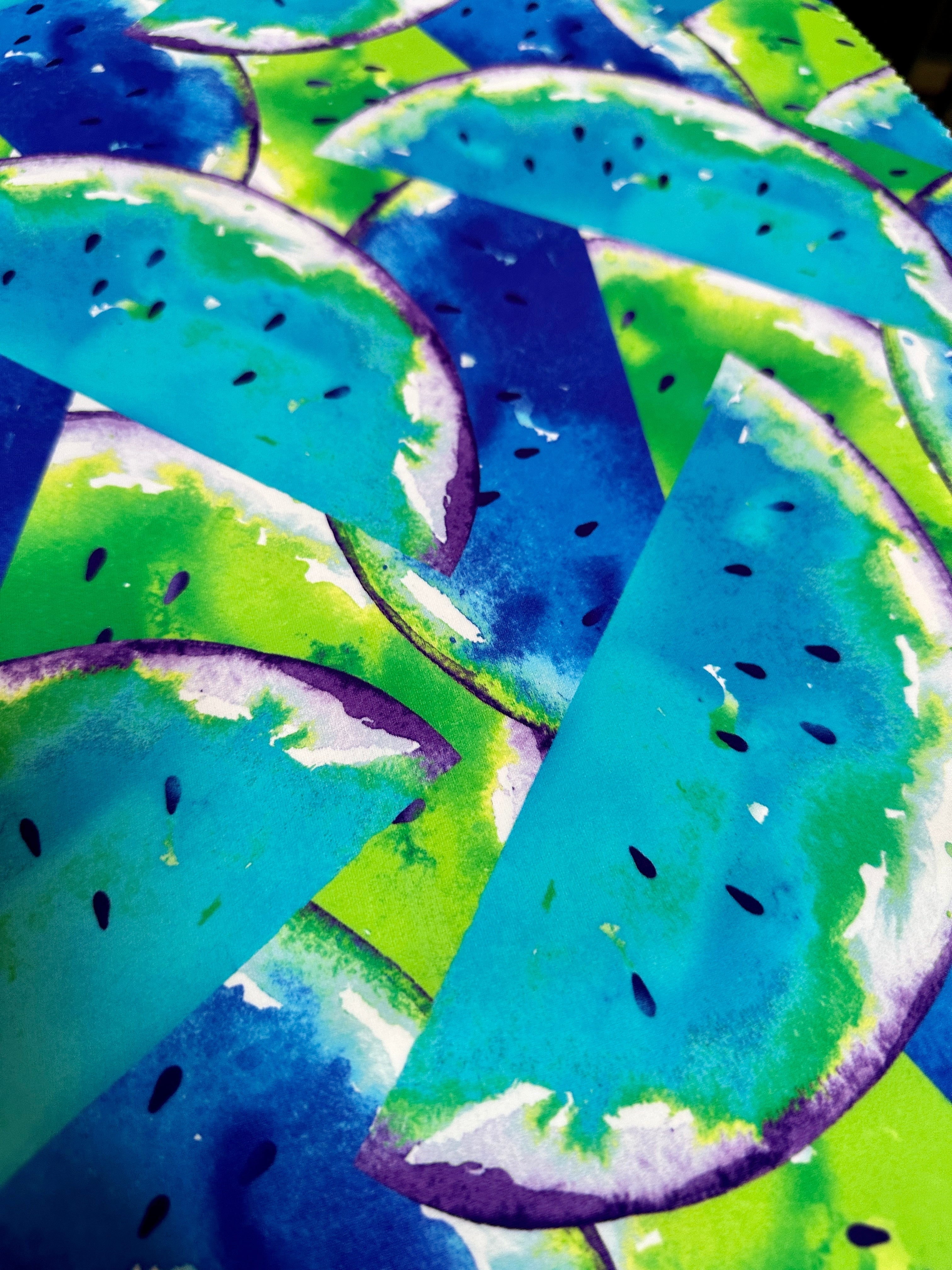 Blue Watermelon Print Nylon Spandex, colorfull spandex fabric, spandex for legging, fabric for dancewear, kikitextiles, printed Nylon Spandex, spandex store usa, spandex for woman, spandex on sale, spandex on discount, premium spandex