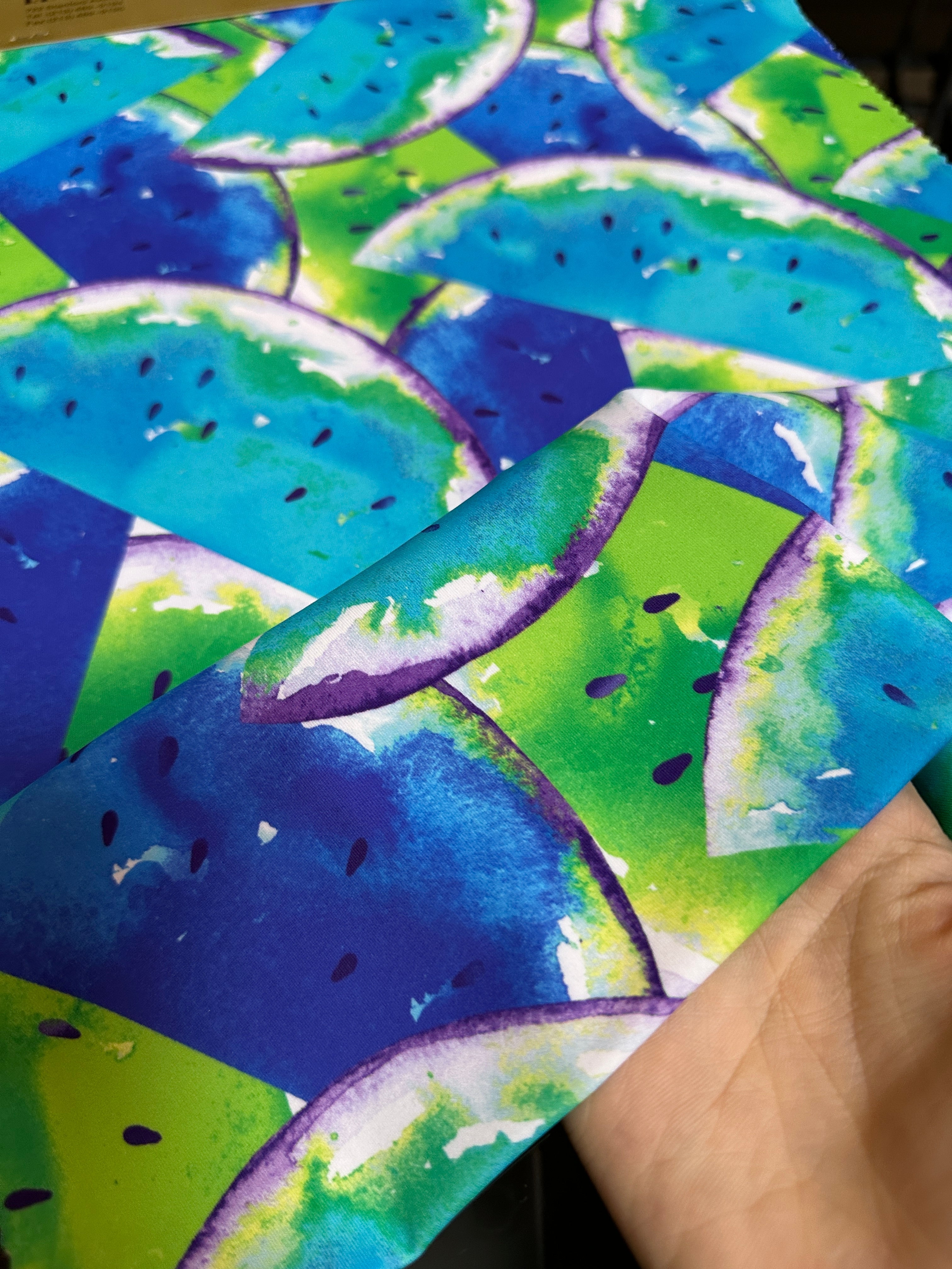 Blue Watermelon Print Nylon Spandex, colorfull spandex fabric, spandex for legging, fabric for dancewear, kikitextiles, printed Nylon Spandex, spandex store usa, spandex for woman, spandex on sale, spandex on discount, premium spandex
