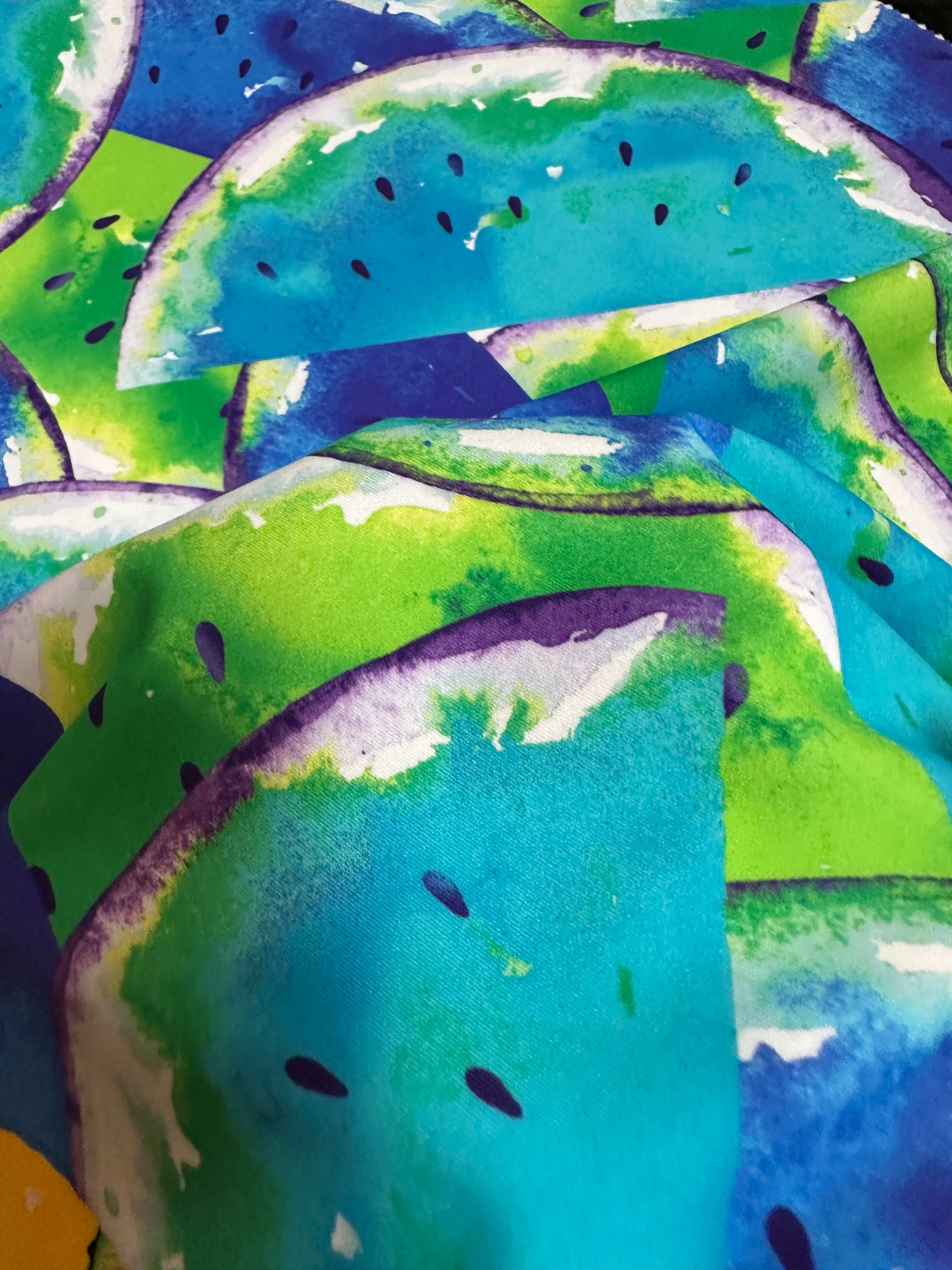 Blue Watermelon Print Nylon Spandex, colorfull spandex fabric, spandex for legging, fabric for dancewear, kikitextiles, printed Nylon Spandex, spandex store usa, spandex for woman, spandex on sale, spandex on discount, premium spandex