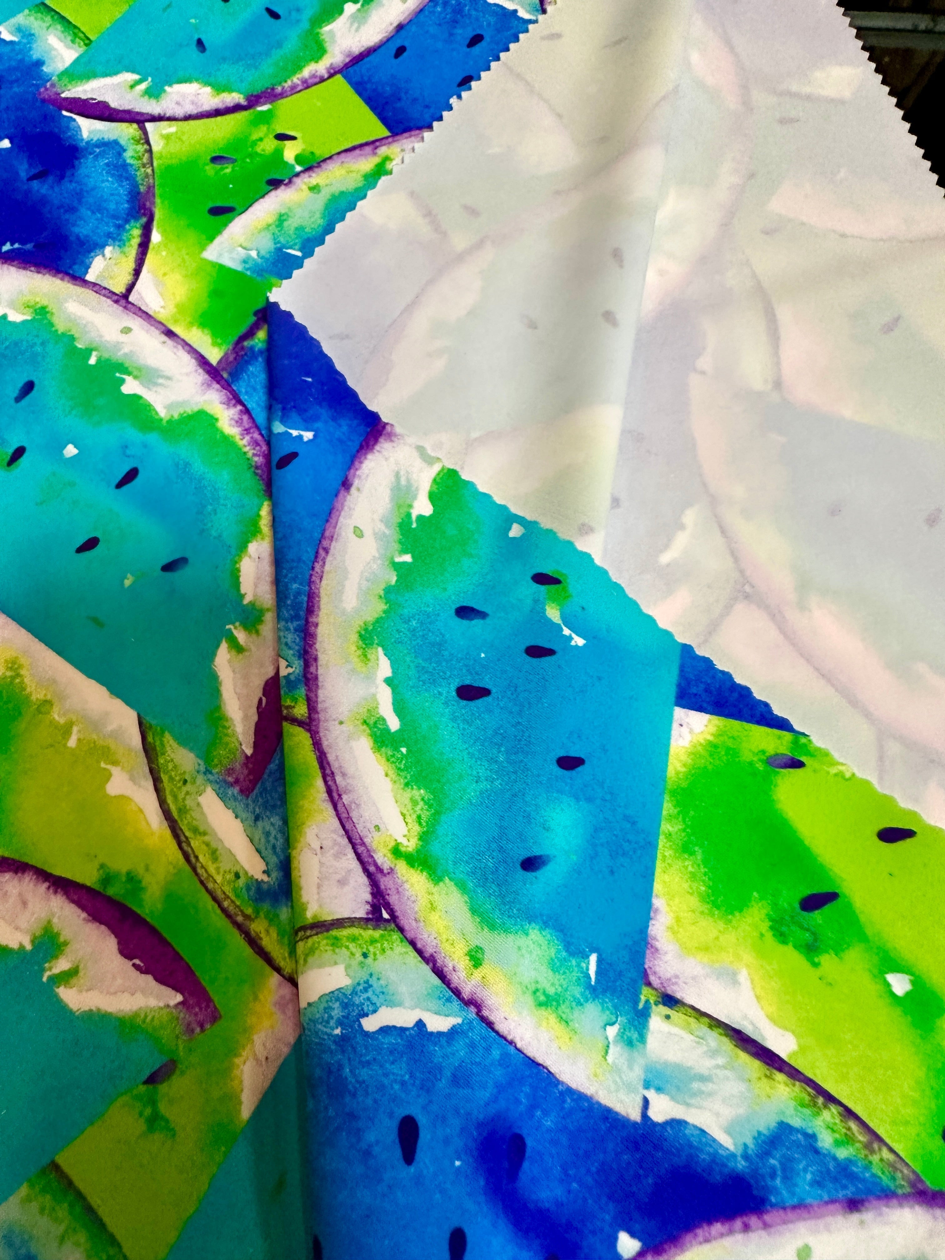 Blue Watermelon Print Nylon Spandex, colorfull spandex fabric, spandex for legging, fabric for dancewear, kikitextiles, printed Nylon Spandex, spandex store usa, spandex for woman, spandex on sale, spandex on discount, premium spandex