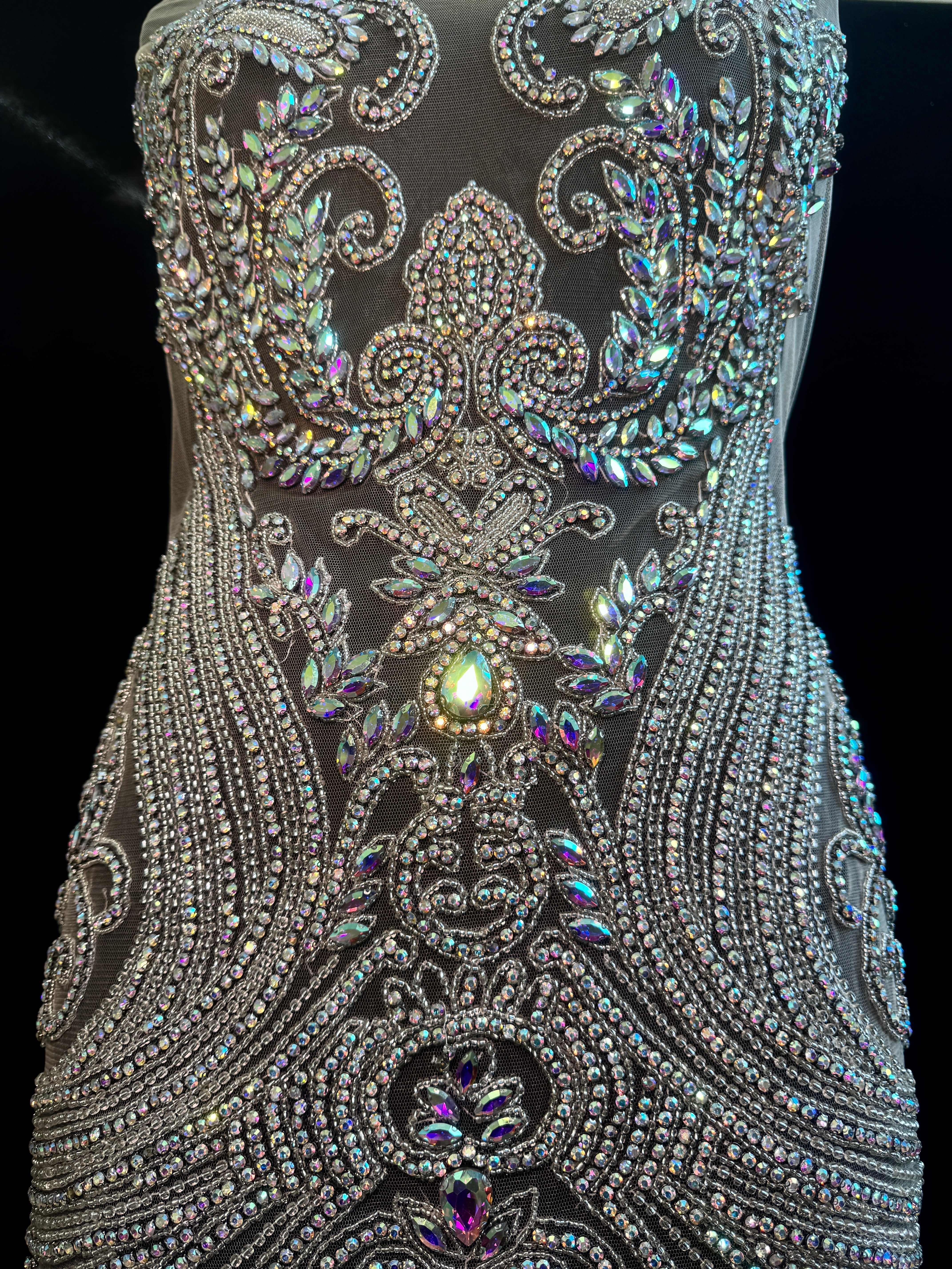 Deborah Silver Iridescent Rhinestones Bodice Applique, silver rhinestone, light silver rhinestone, dark silver rhinestone, silver rhinestone bodice applique