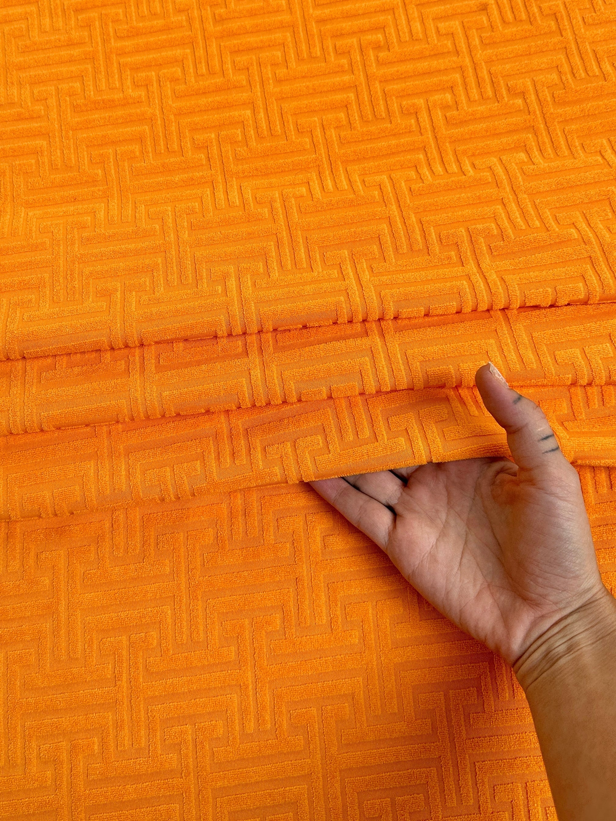 Orange Textured Geometric Jersey Knit, dark orange Geometric Jersey Knit, rusty orange Geometric Jersey Knit, Geometric Jersey Knit for woman, Geometric Jersey Knit for bride, Geometric Jersey Knit on sale, Geometric Jersey Knit on discount