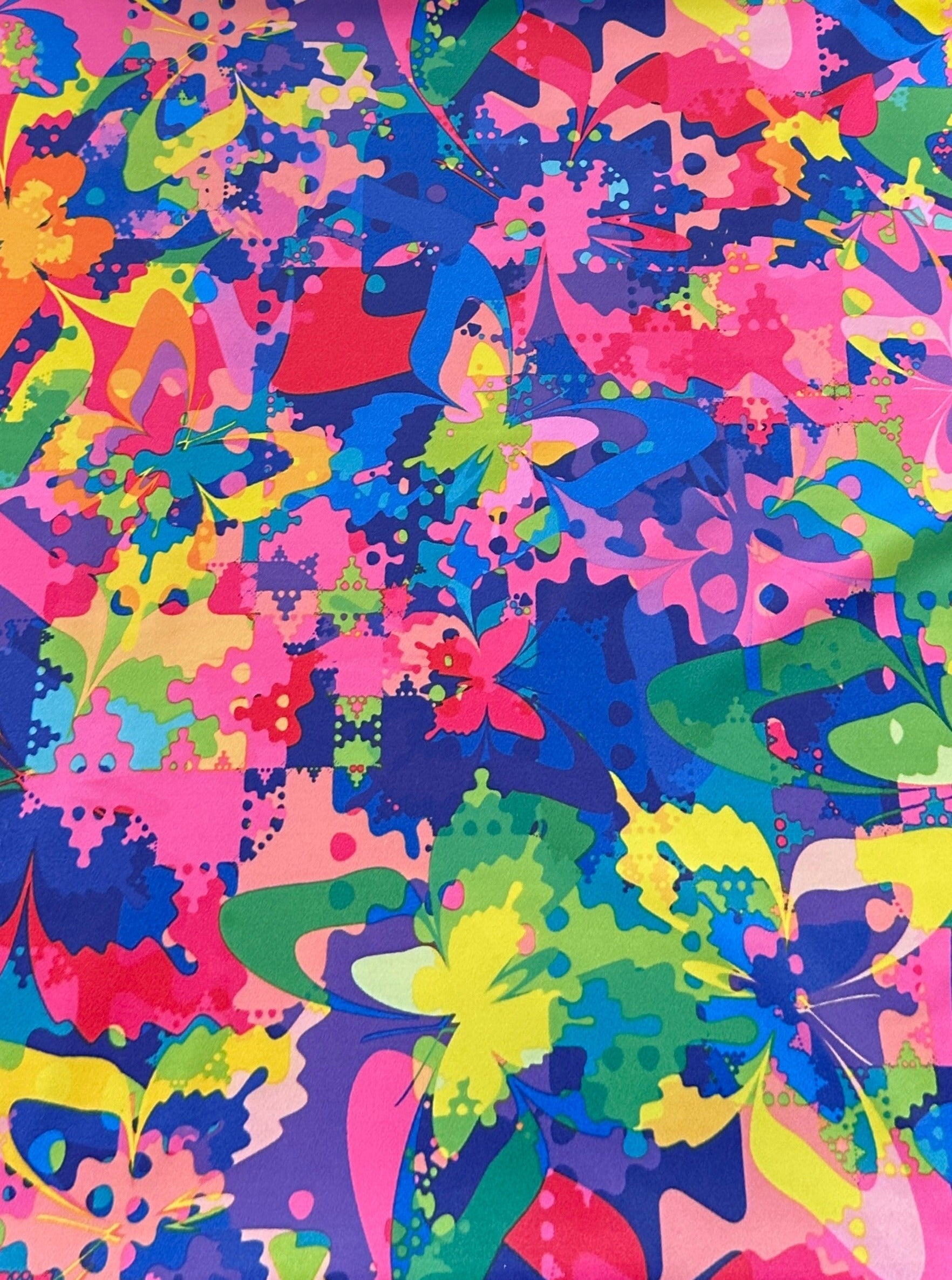 Butterfly Rainbow Nylon Spandex, printed spandex fabric, spandex for legging, fabric for dancewear, kikitextiles, printed fabric, spandex store usa, spandex for woman, spandex on sale, spandex on discount, premium spandex
