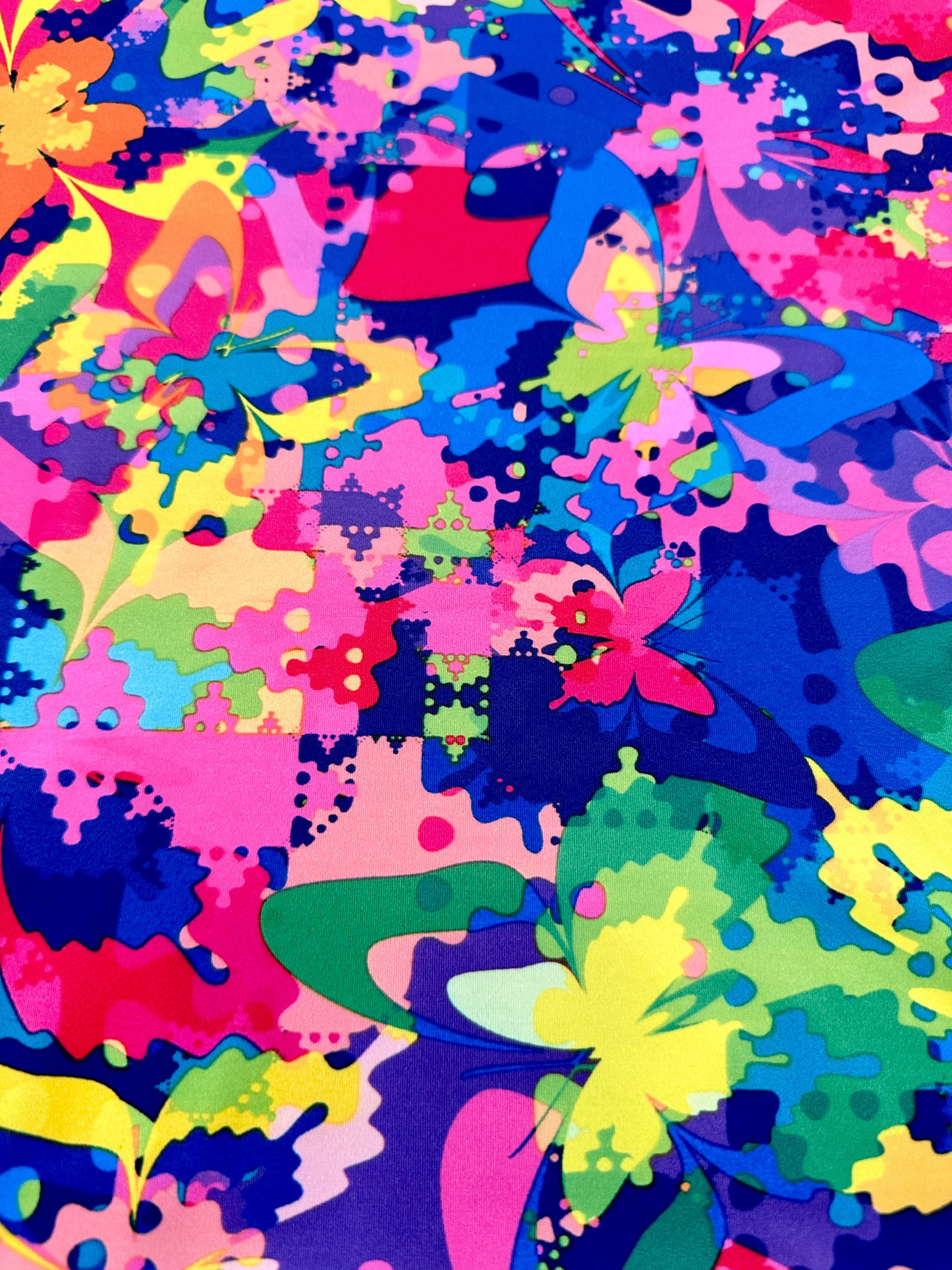 Butterfly Rainbow Nylon Spandex, printed spandex fabric, spandex for legging, fabric for dancewear, kikitextiles, printed fabric, spandex store usa, spandex for woman, spandex on sale, spandex on discount, premium spandex