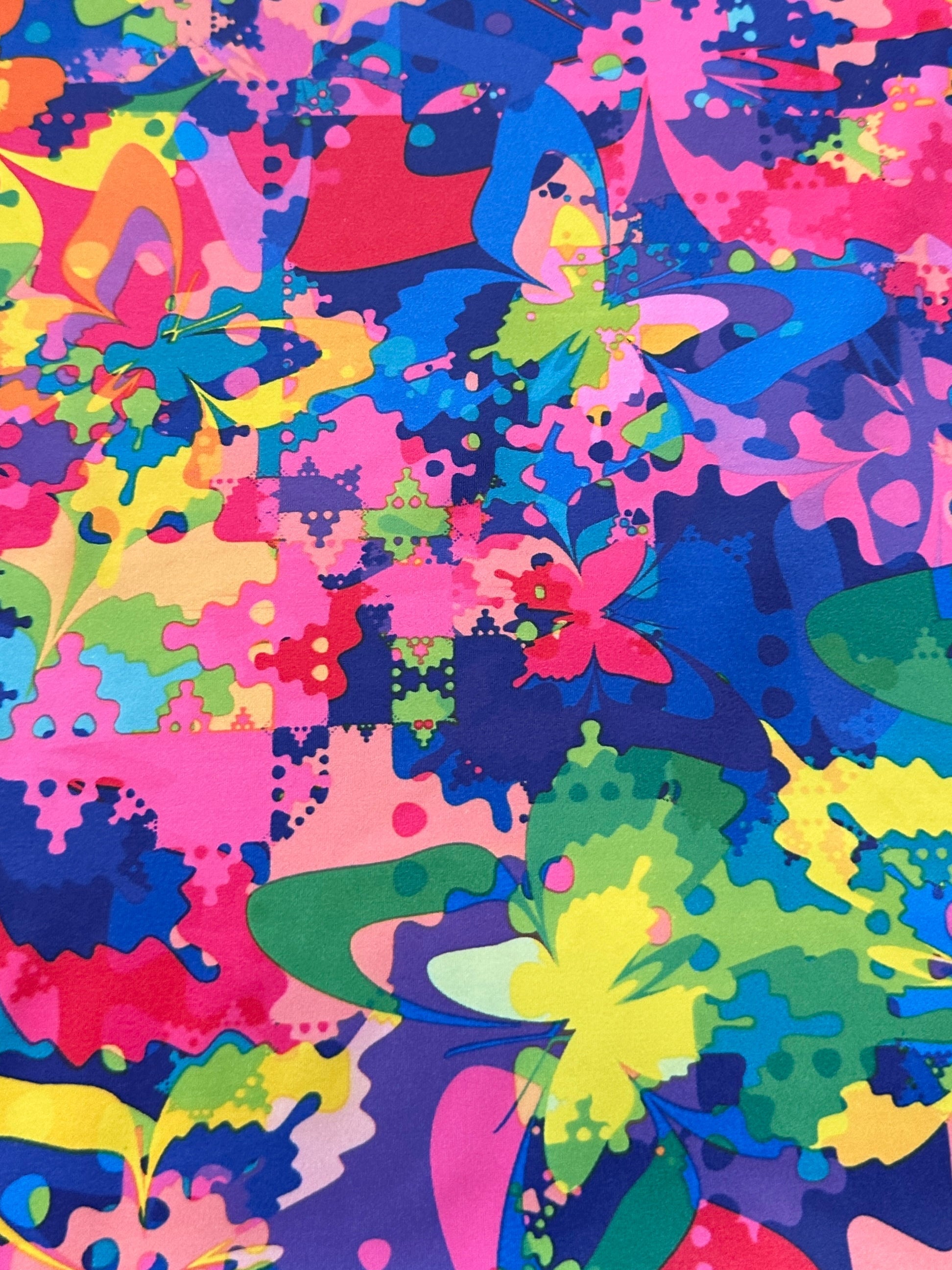Butterfly Rainbow Nylon Spandex, printed spandex fabric, spandex for legging, fabric for dancewear, kikitextiles, printed fabric, spandex store usa, spandex for woman, spandex on sale, spandex on discount, premium spandex