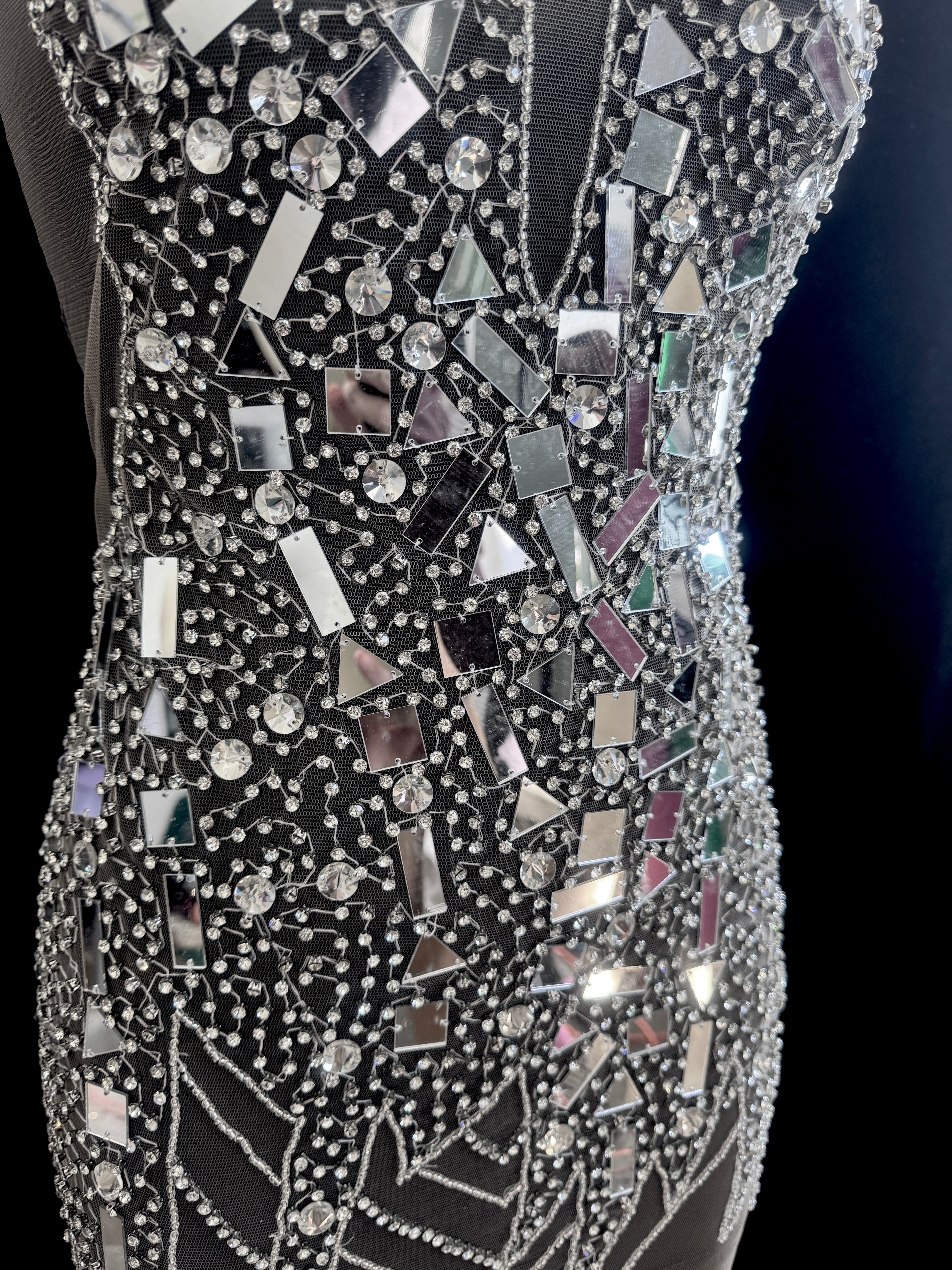 Anne Silver Mirror Rhinestone Bodice Applique, silver rhinestone, light silver rhinestone, dark silver rhinestone