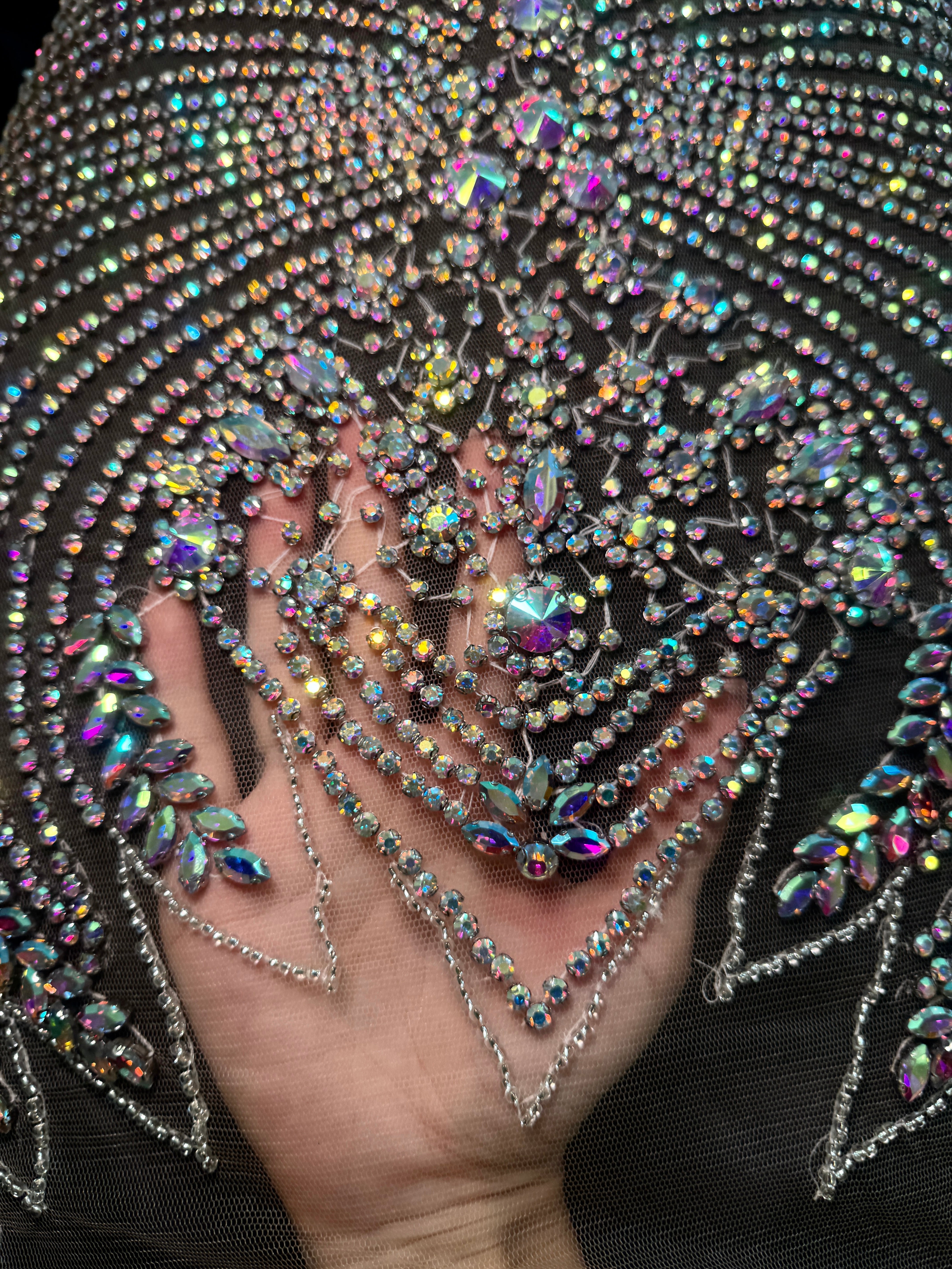 Daisy Silver Iridescent Rhinestones Bodice Applique, silver rhinestone, light silver rhinestone, dark silver rhinestone