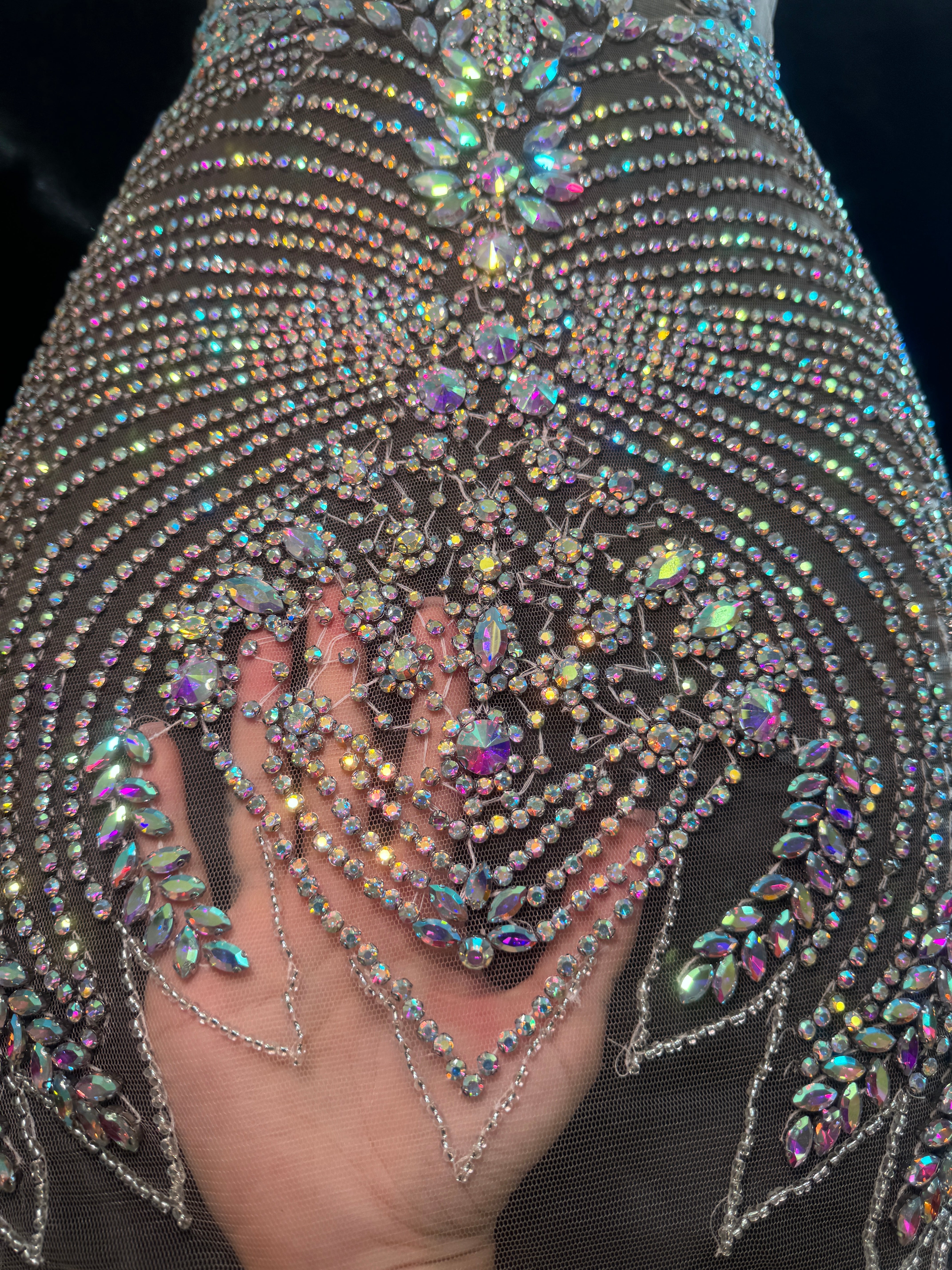 Daisy Silver Iridescent Rhinestones Bodice Applique, silver rhinestone, light silver rhinestone, dark silver rhinestone