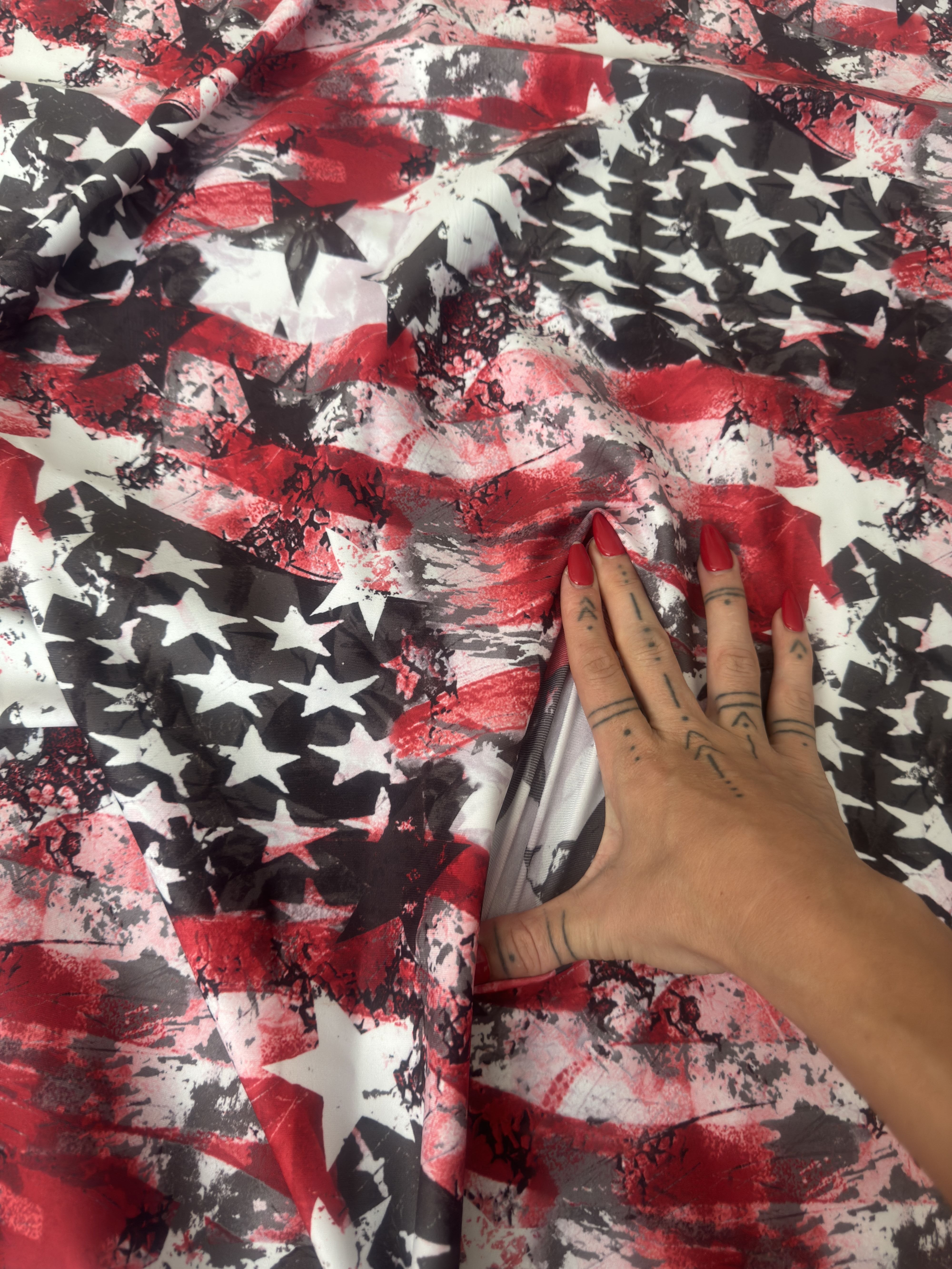 Red & Black Abstract American Flag Nylon Spandex, Fabric Store, Sewing Store, Cheap Fabric Store, Kiki Textiles, Textile by the Yard