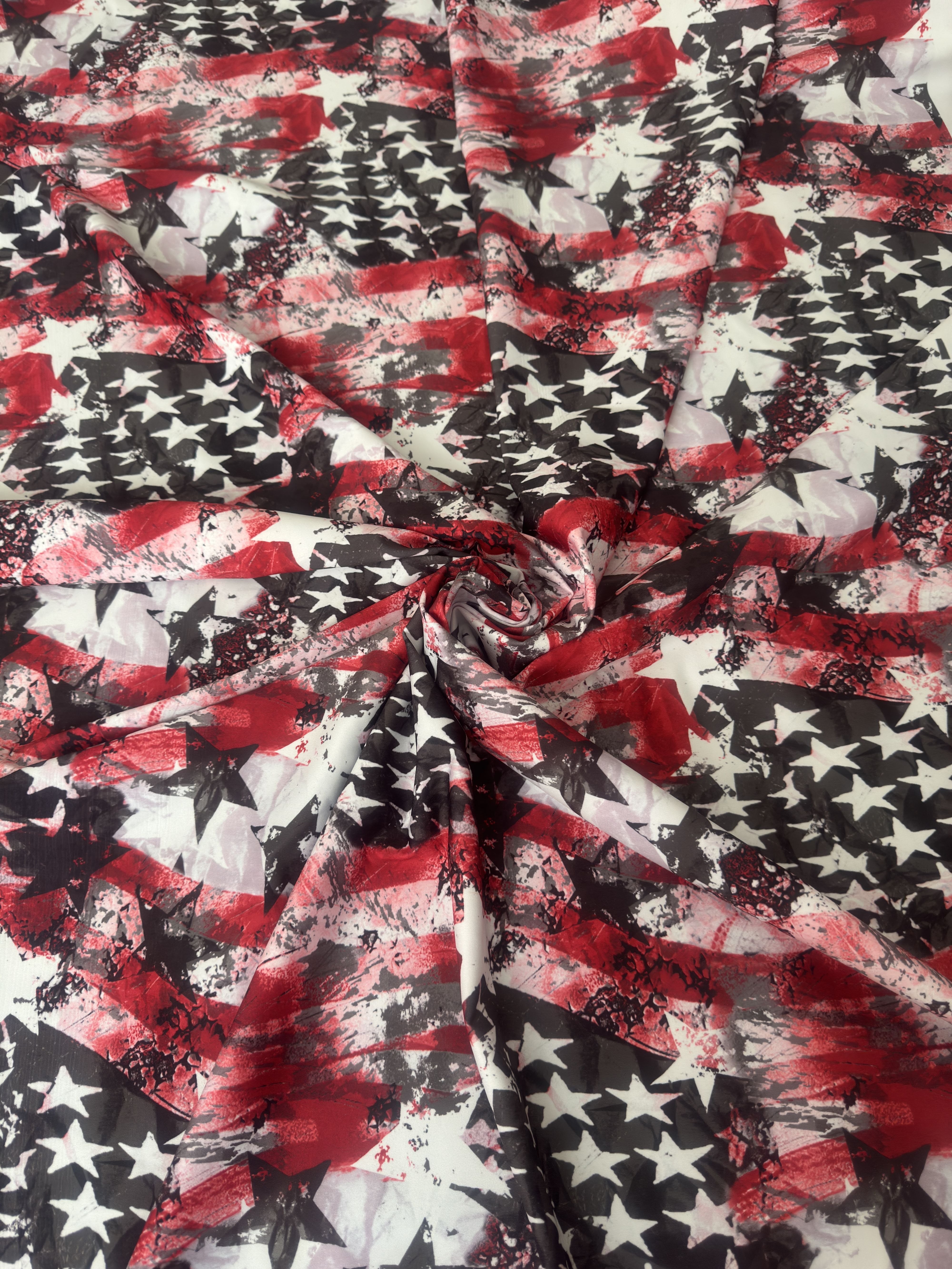 Red & Black Abstract American Flag Nylon Spandex, Nylon Spandex, Shiny Spandex, Stretch Fabric, 4 way stretch fabric, Fabric on Sale, Activewear Fabric, Polyester Fabric