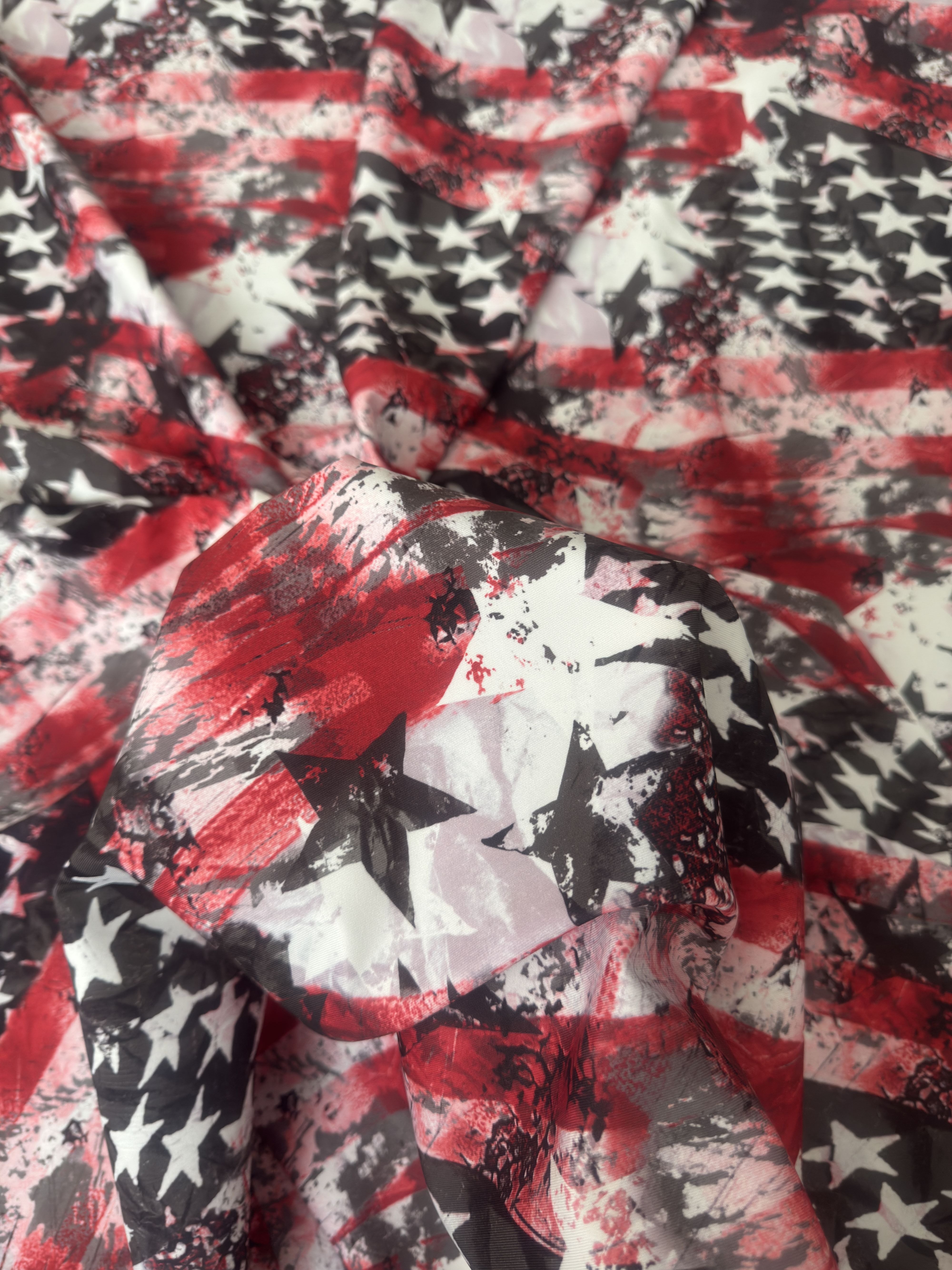 Red & Black Abstract American Flag Nylon Spandex, Nylon Spandex, Shiny Spandex, Stretch Fabric, 4 way stretch fabric, Fabric on Sale, Activewear Fabric, Polyester Fabric