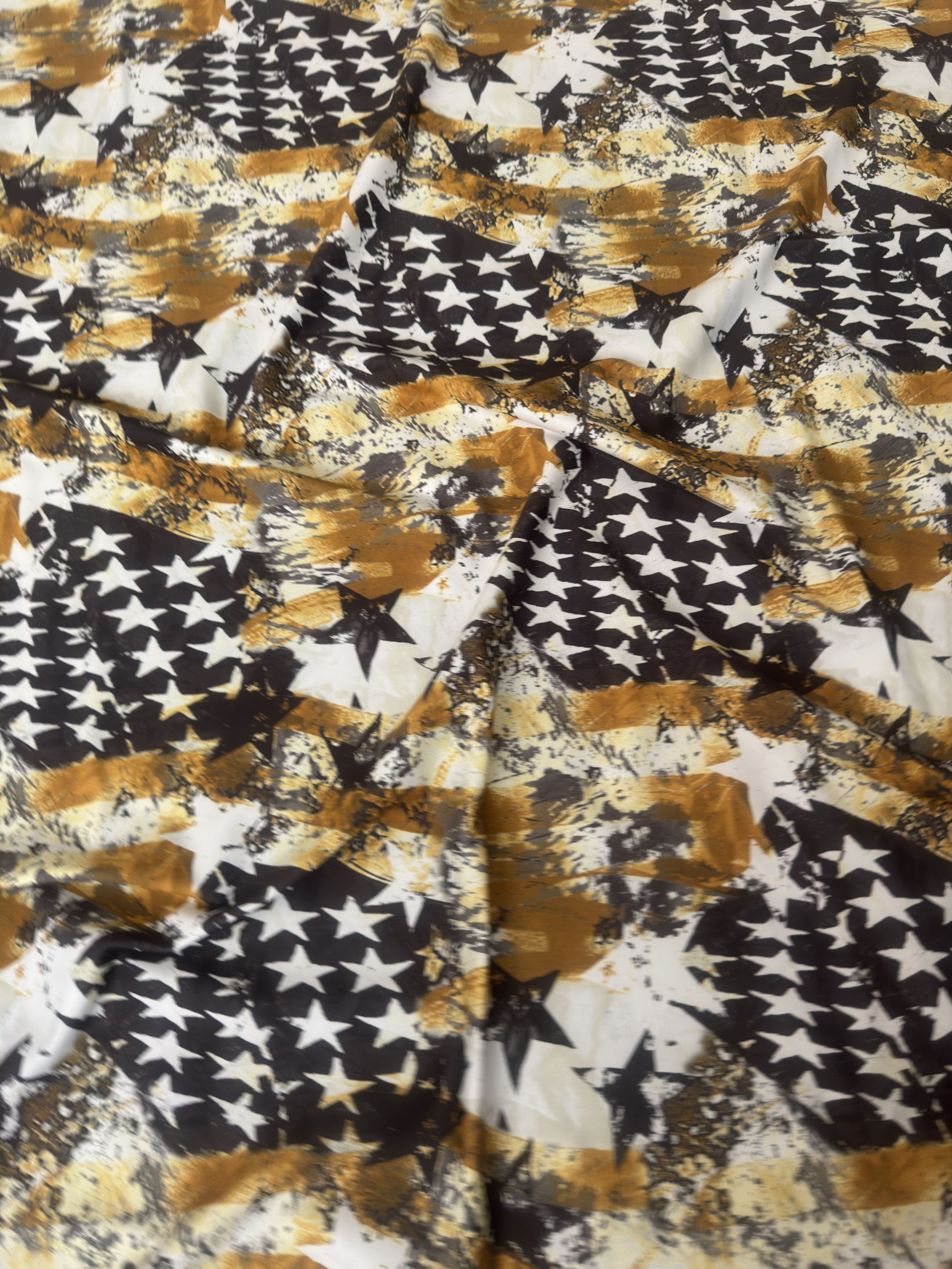 Gold & Black Abstract American Flag Nylon Spandex, Nylon Spandex, Shiny Spandex, Stretch Fabric, 4 way stretch fabric, Fabric on Sale, Activewear Fabric, Polyester Fabric
