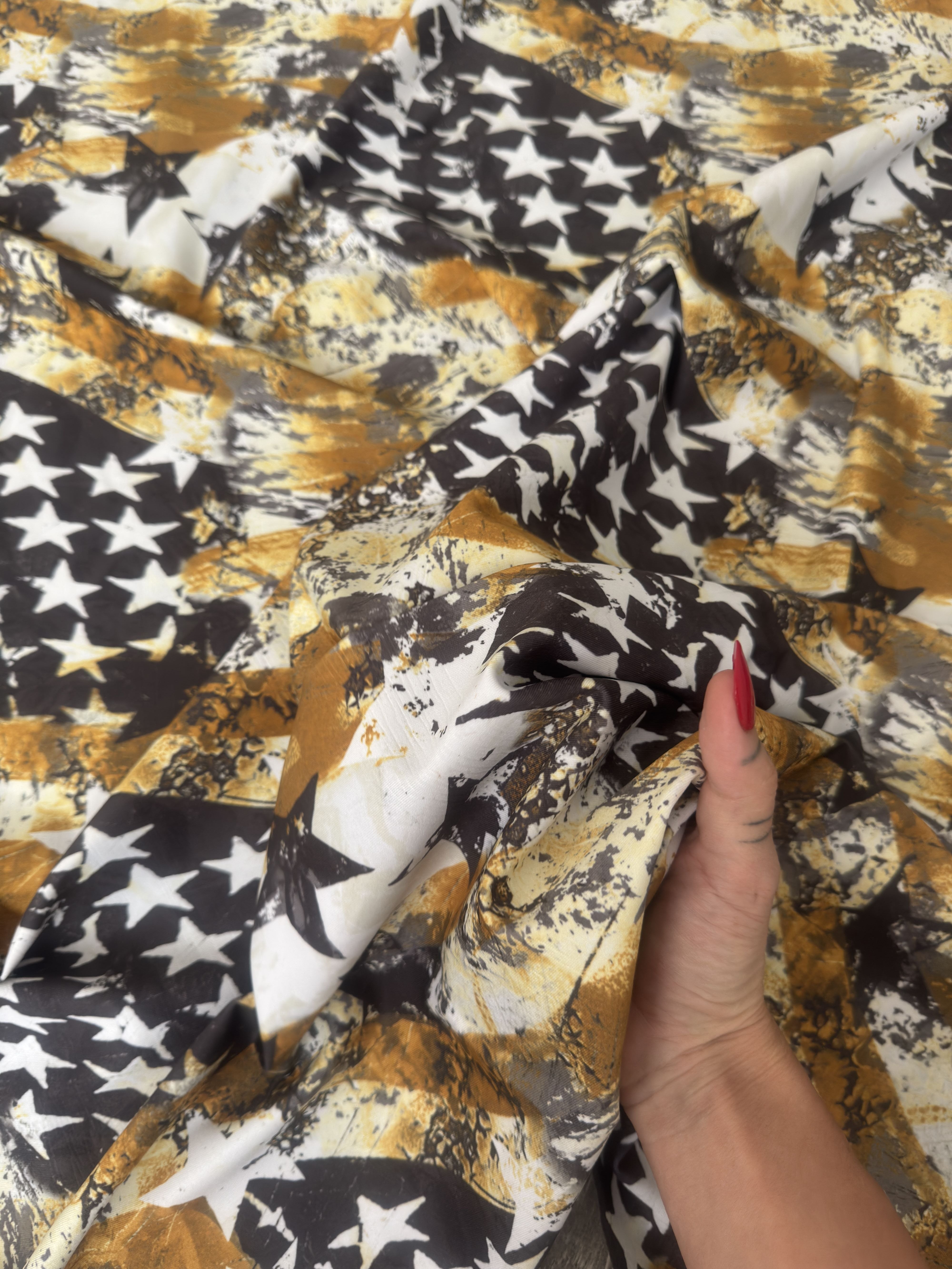 Gold & Black Abstract American Flag Nylon Spandex, Fabric Store, Sewing Store, Cheap Fabric Store, Kiki Textiles, Textile by the Yard