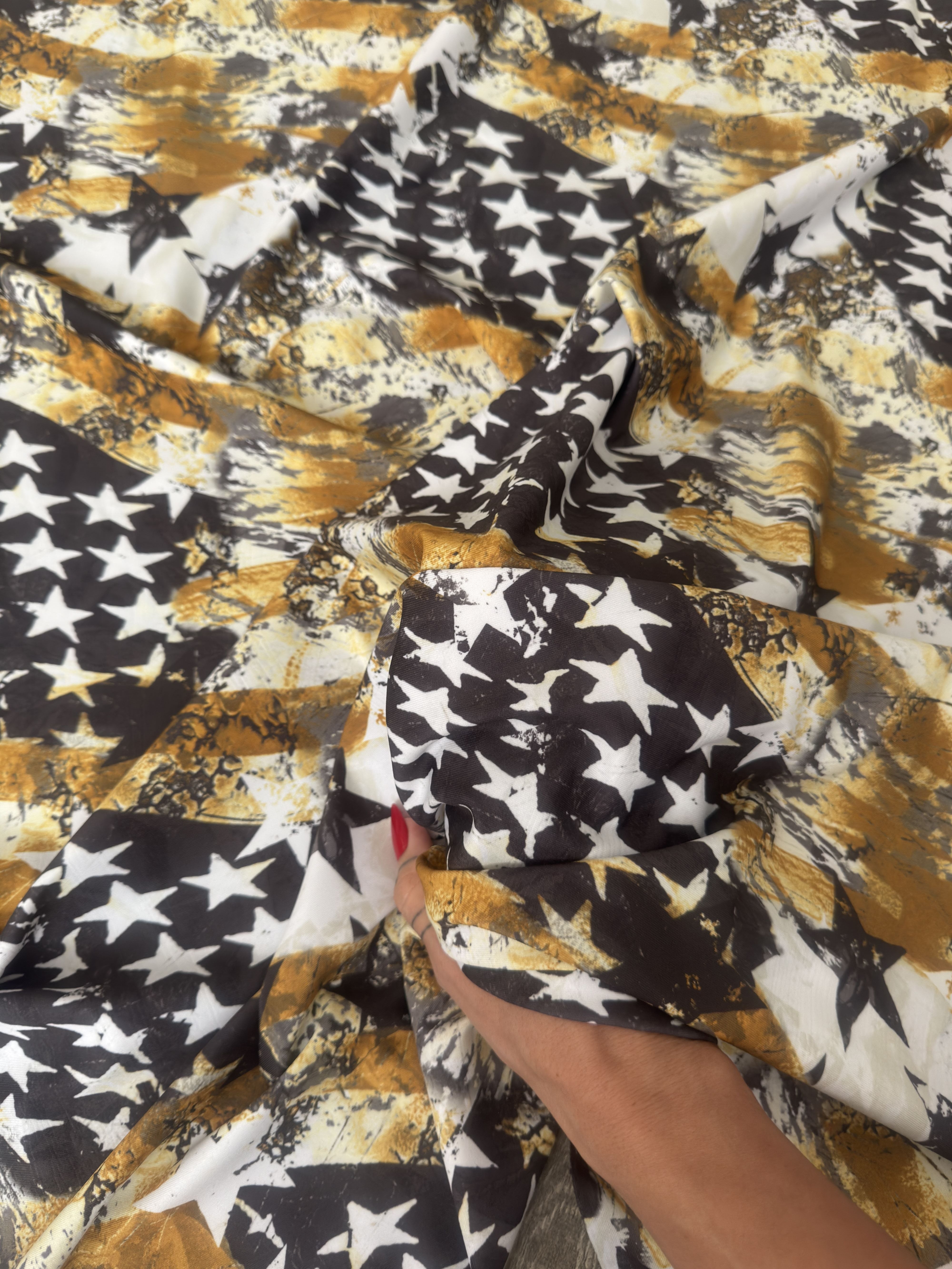 Gold & Black Abstract American Flag Nylon Spandex, Nylon Spandex, Shiny Spandex, Stretch Fabric, 4 way stretch fabric, Fabric on Sale, Activewear Fabric, Polyester Fabric