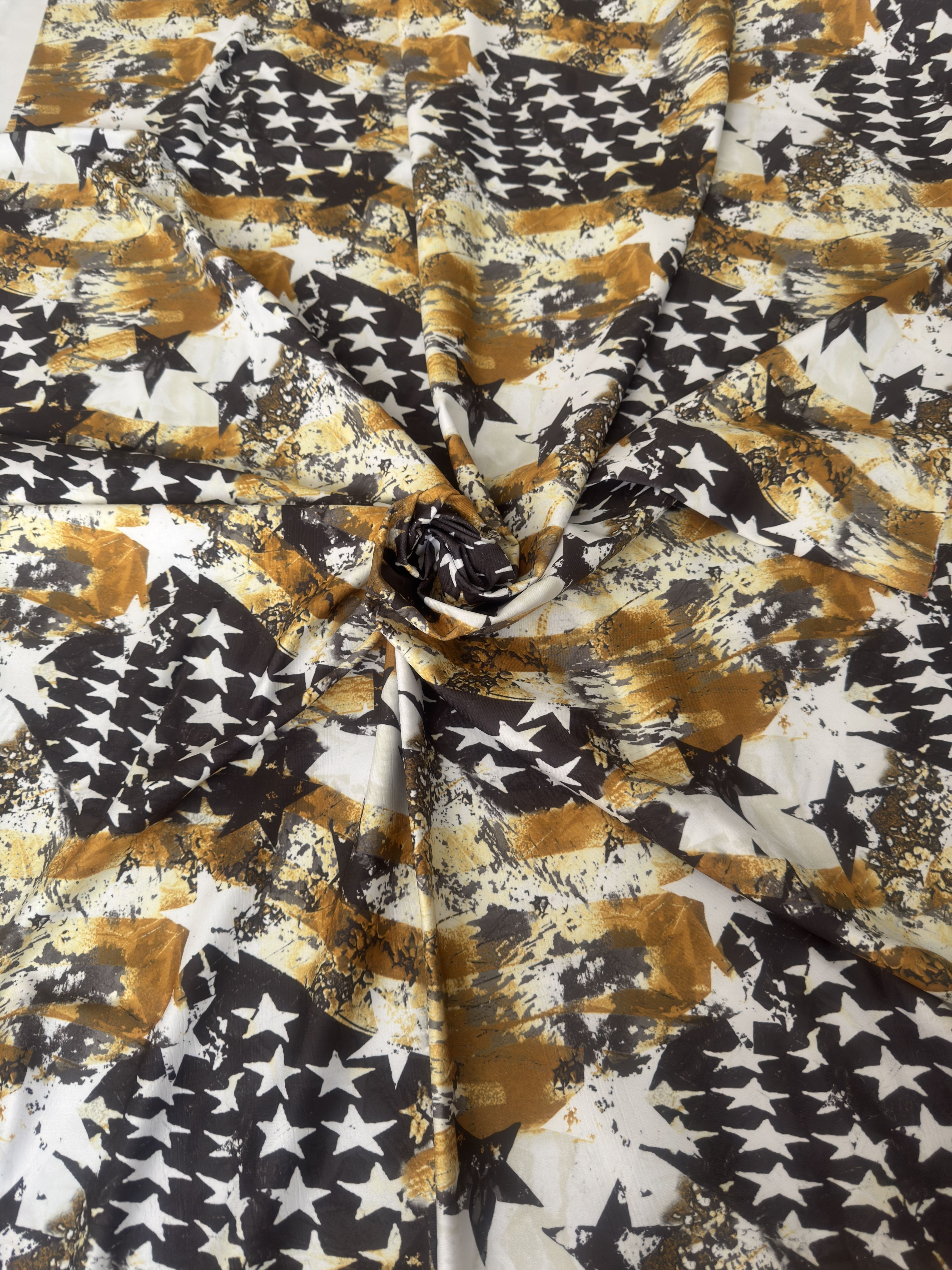 Gold & Black Abstract American Flag Nylon Spandex, Nylon Spandex, Shiny Spandex, Stretch Fabric, 4 way stretch fabric, Fabric on Sale, Activewear Fabric, Polyester Fabric